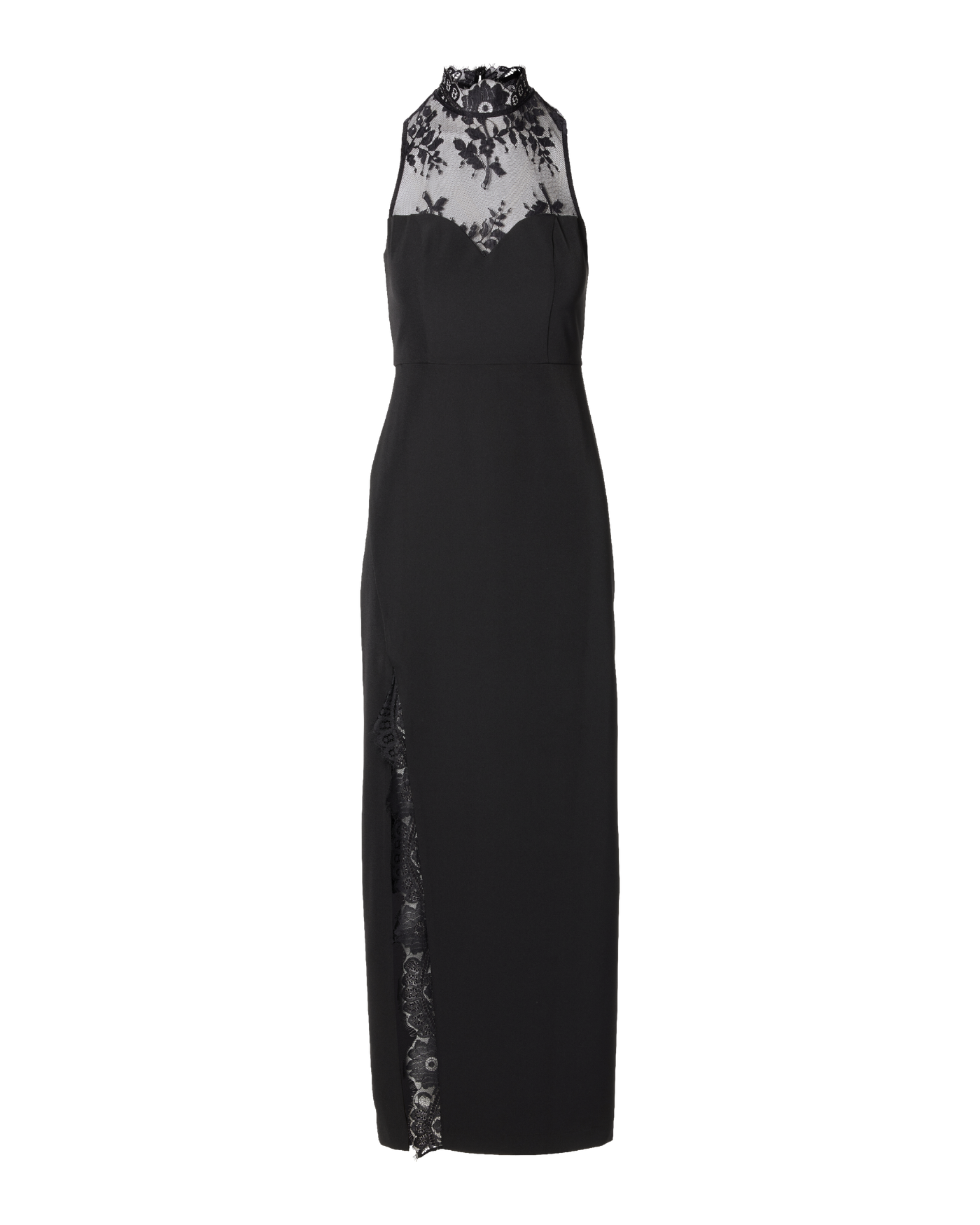 Delicate Lace Mock Neck Slit Maxi Dress Black