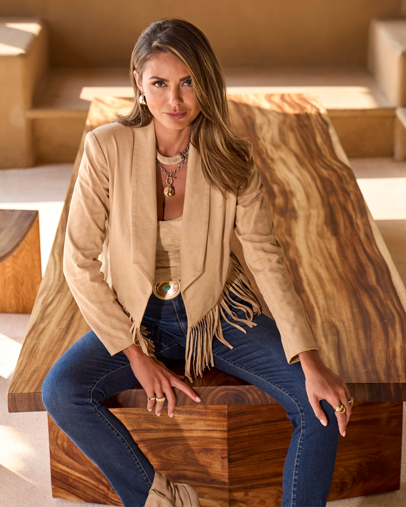 Faux Suede Fringe Trim Jacket Tan