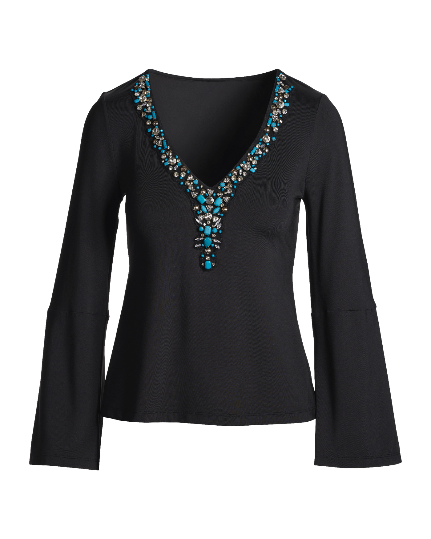 Embellished Trim V-Neck Long Sleeve Proper Black Multi
