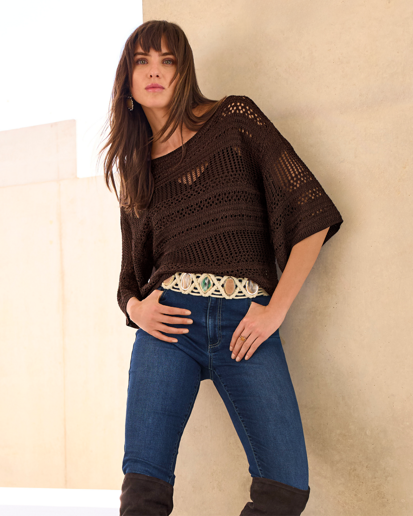 Boston Proper Crushed Stone Woven Coastal Cowgirl Western Boho Waist Belt S Unique Stone Woven Waist Belt - Off White | Boston Proper main image 3