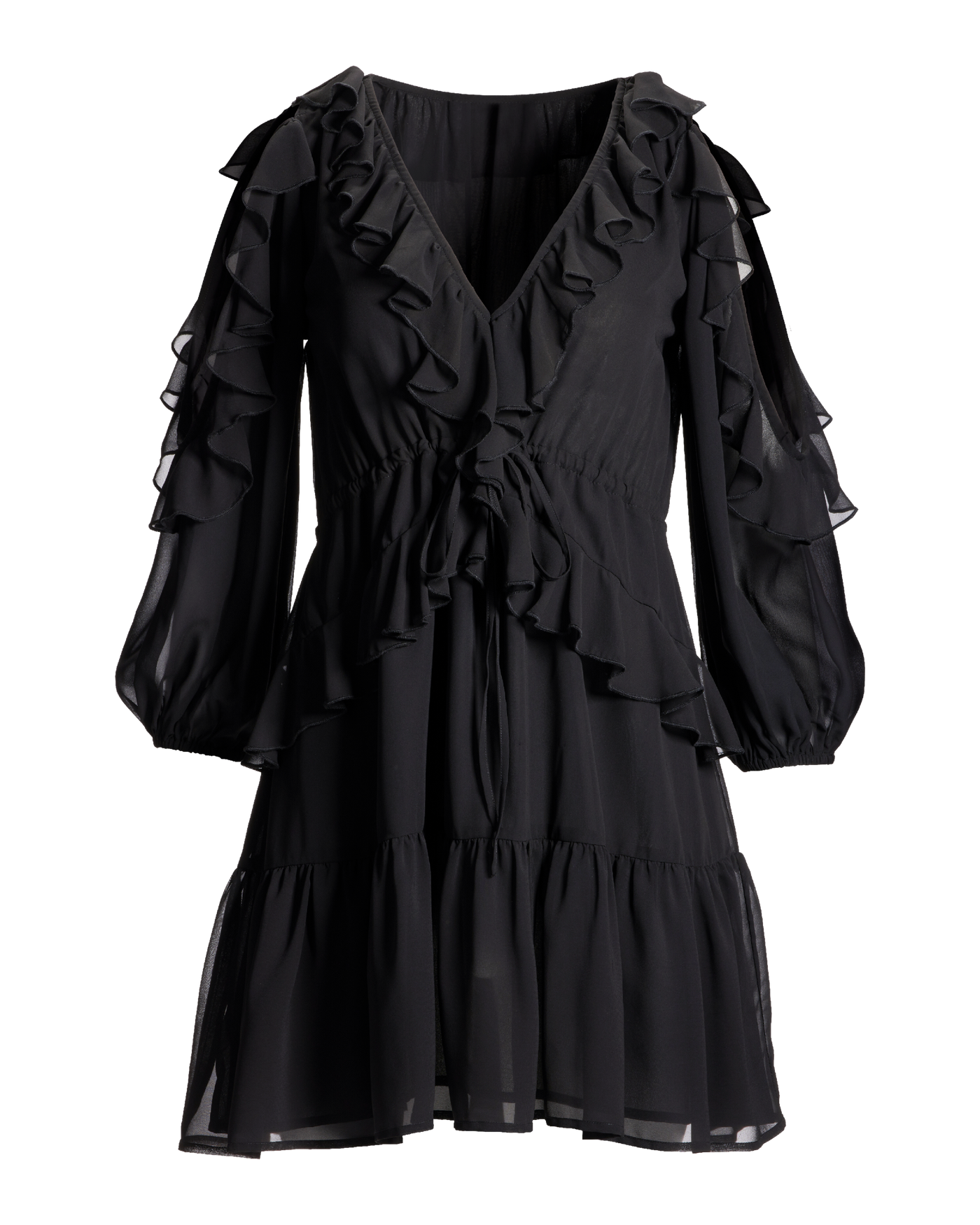 Cold Shoulder Ruffle Detail Boho Peasant Dress Black
