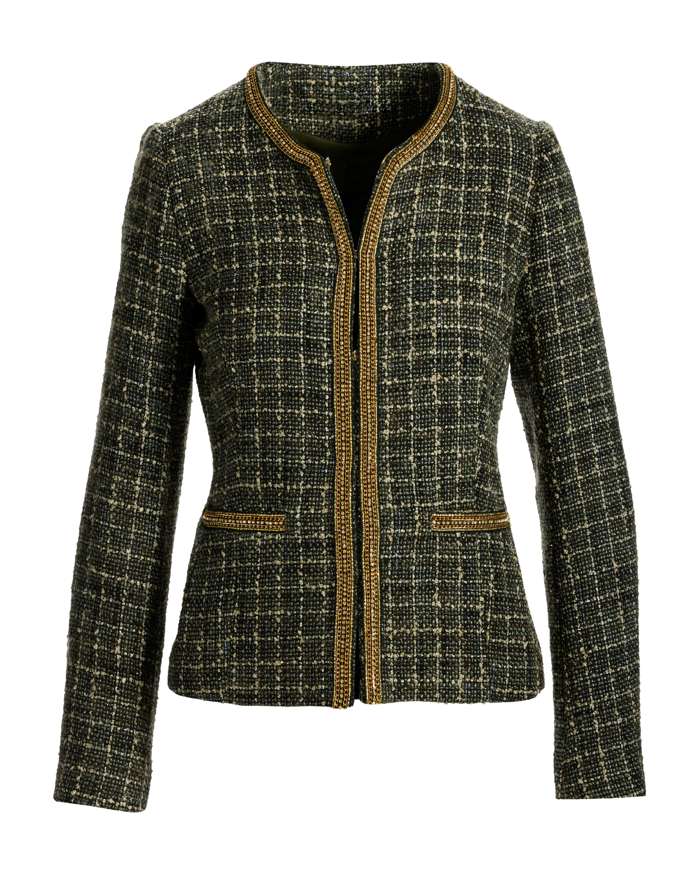 Gold Trim Collarless Tweed Jacket - Olive Multi | Boston Proper