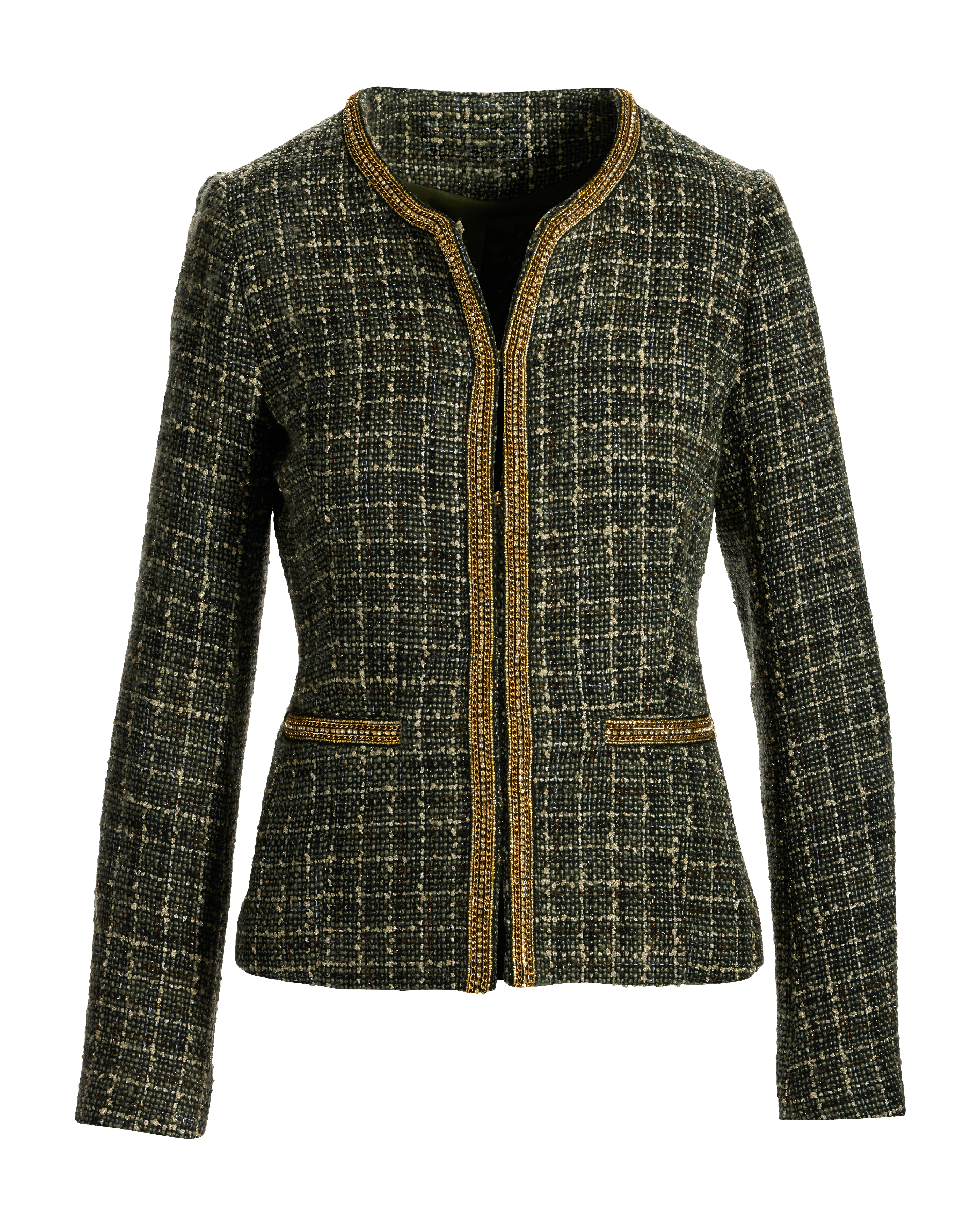 Fringe Detail Collared Shimmer Tweed Jacket Black