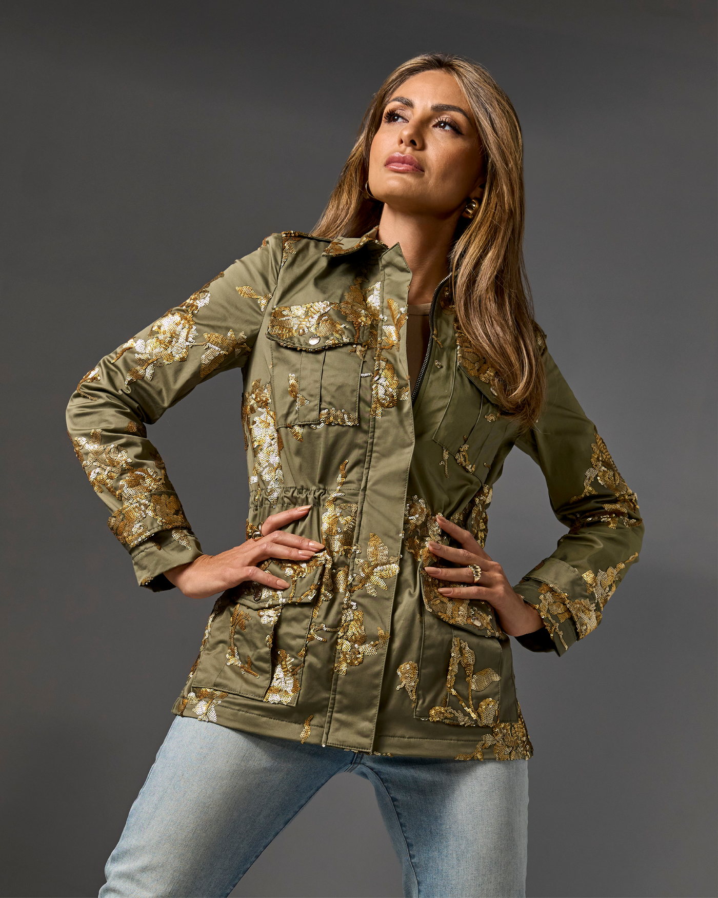 Floral Sequin Embellished Utility Jacket Olive Night