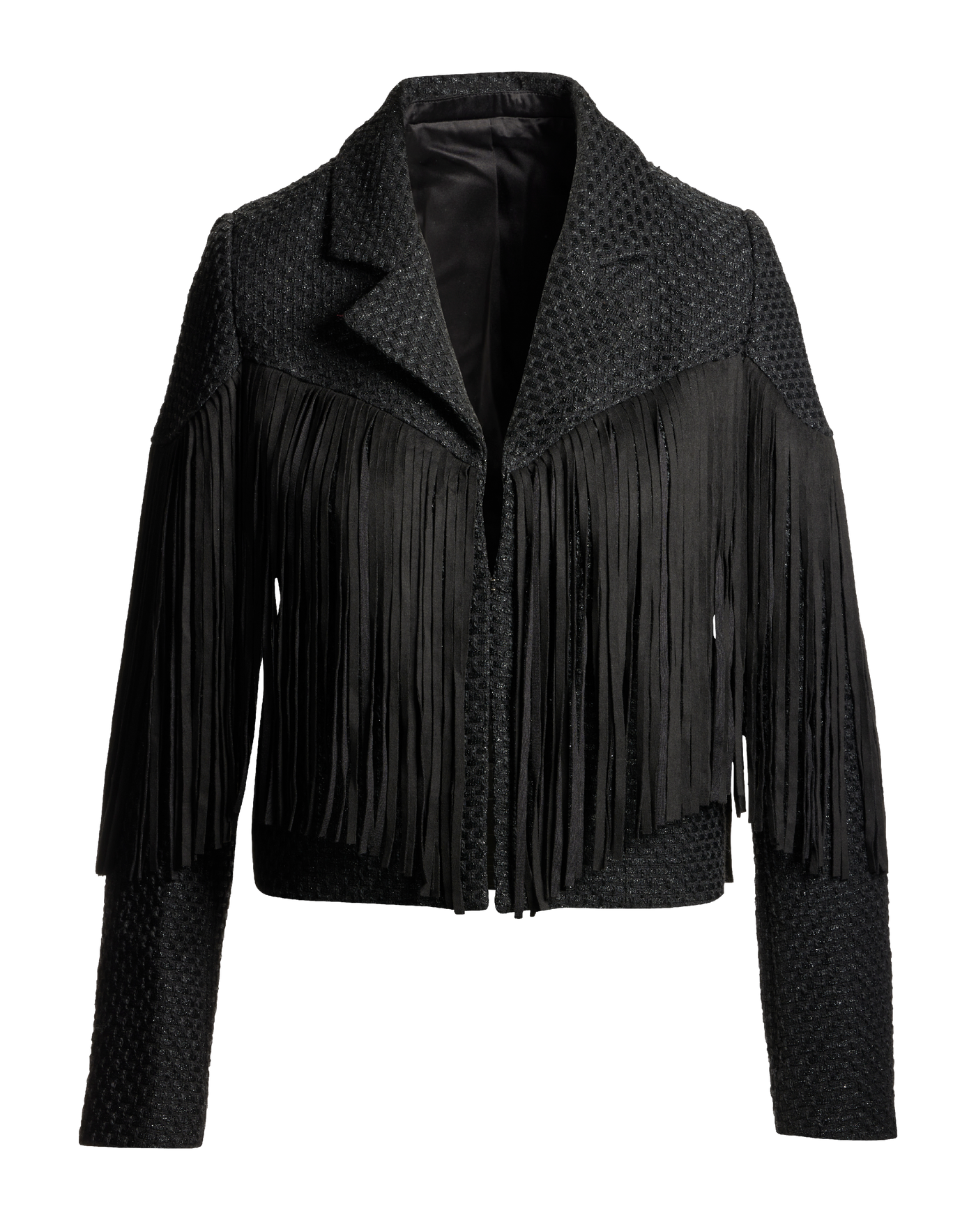 Fringe Detail Collared Shimmer Tweed Jacket Black