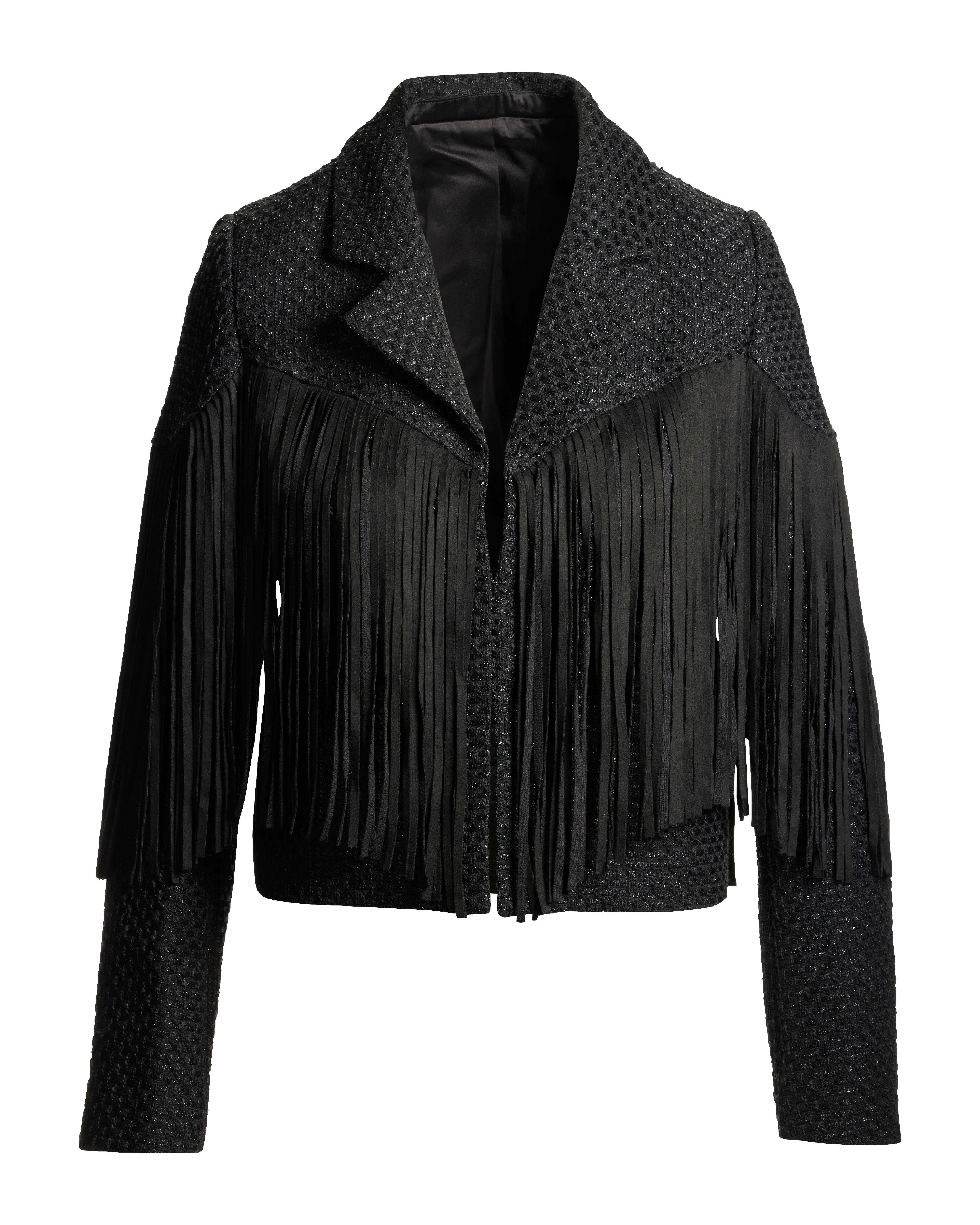Fringe Detail Collared Shimmer Tweed Jacket Black