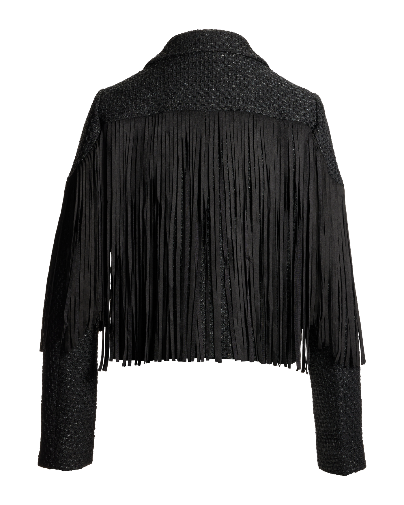Fringe Detail Collared Shimmer Tweed Jacket Black