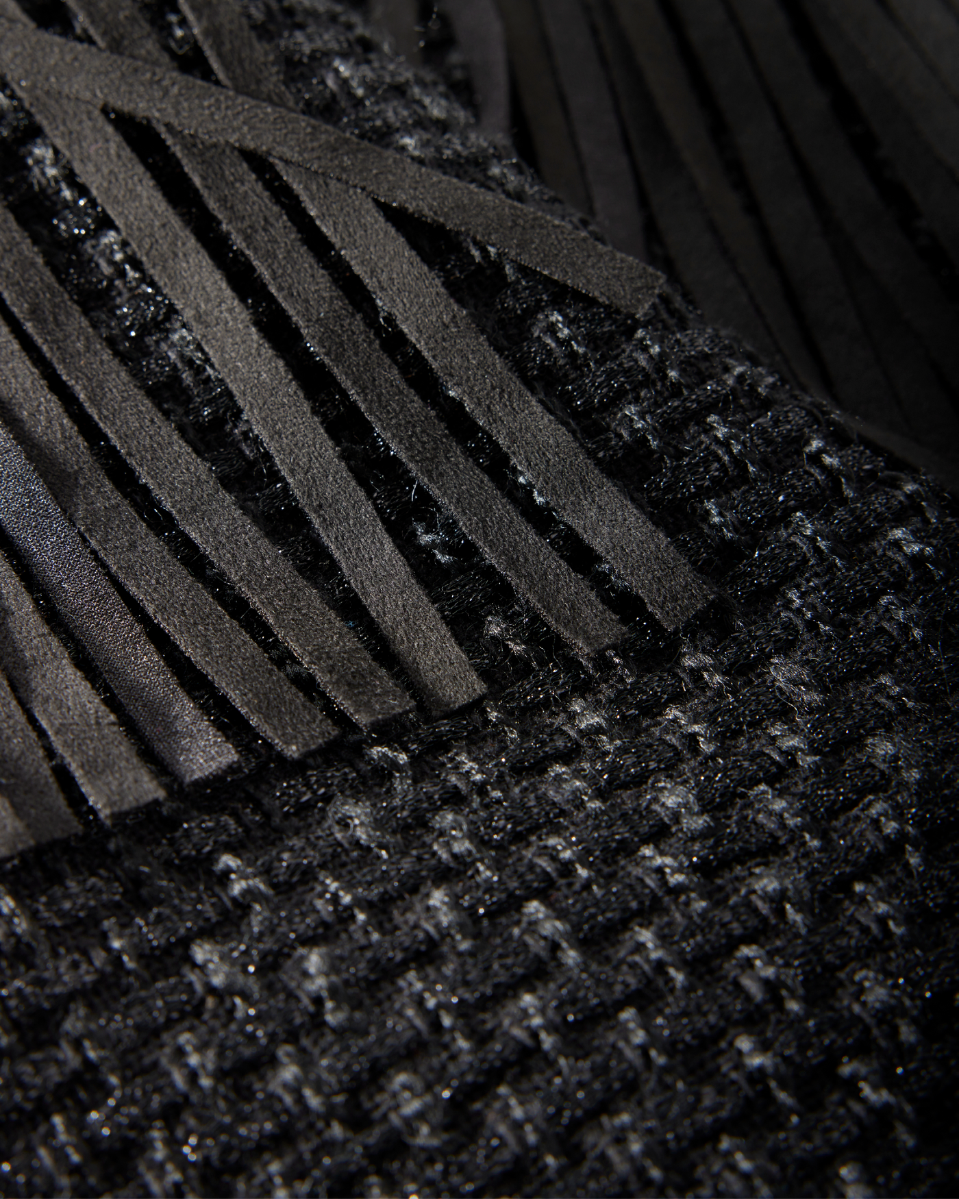 Fringe Detail Collared Shimmer Tweed Jacket Black