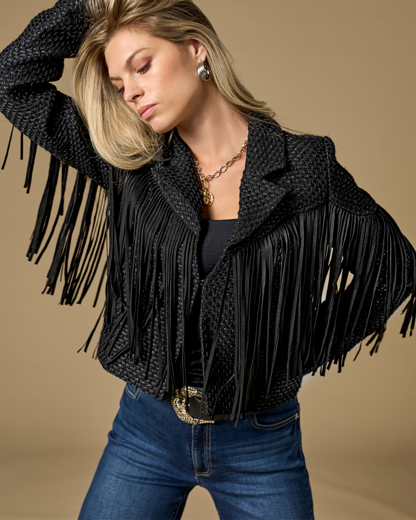 Fringe Detail Collared Shimmer Tweed Jacket Black