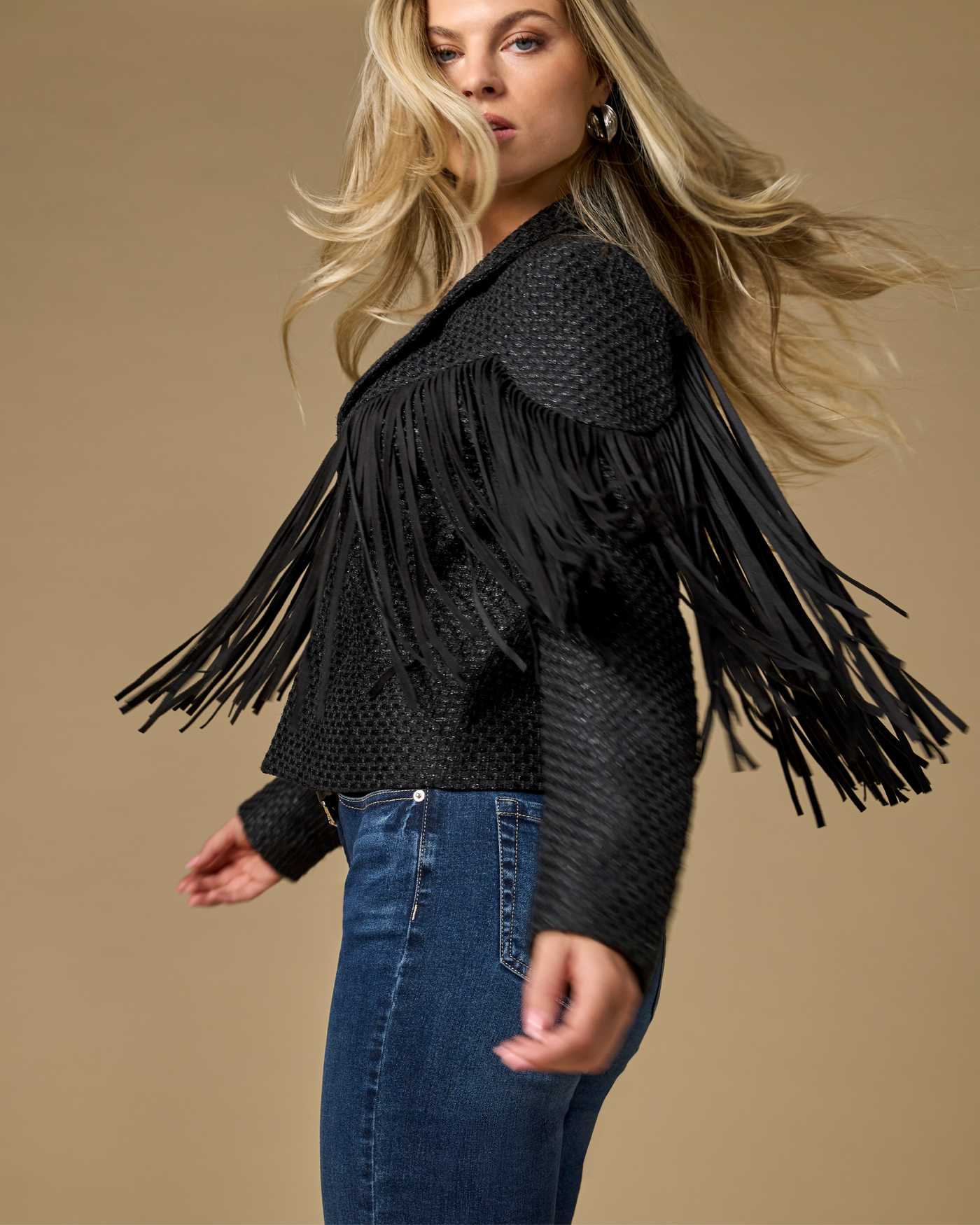 Fringe Detail Collared Shimmer Tweed Jacket - Black | Boston Proper