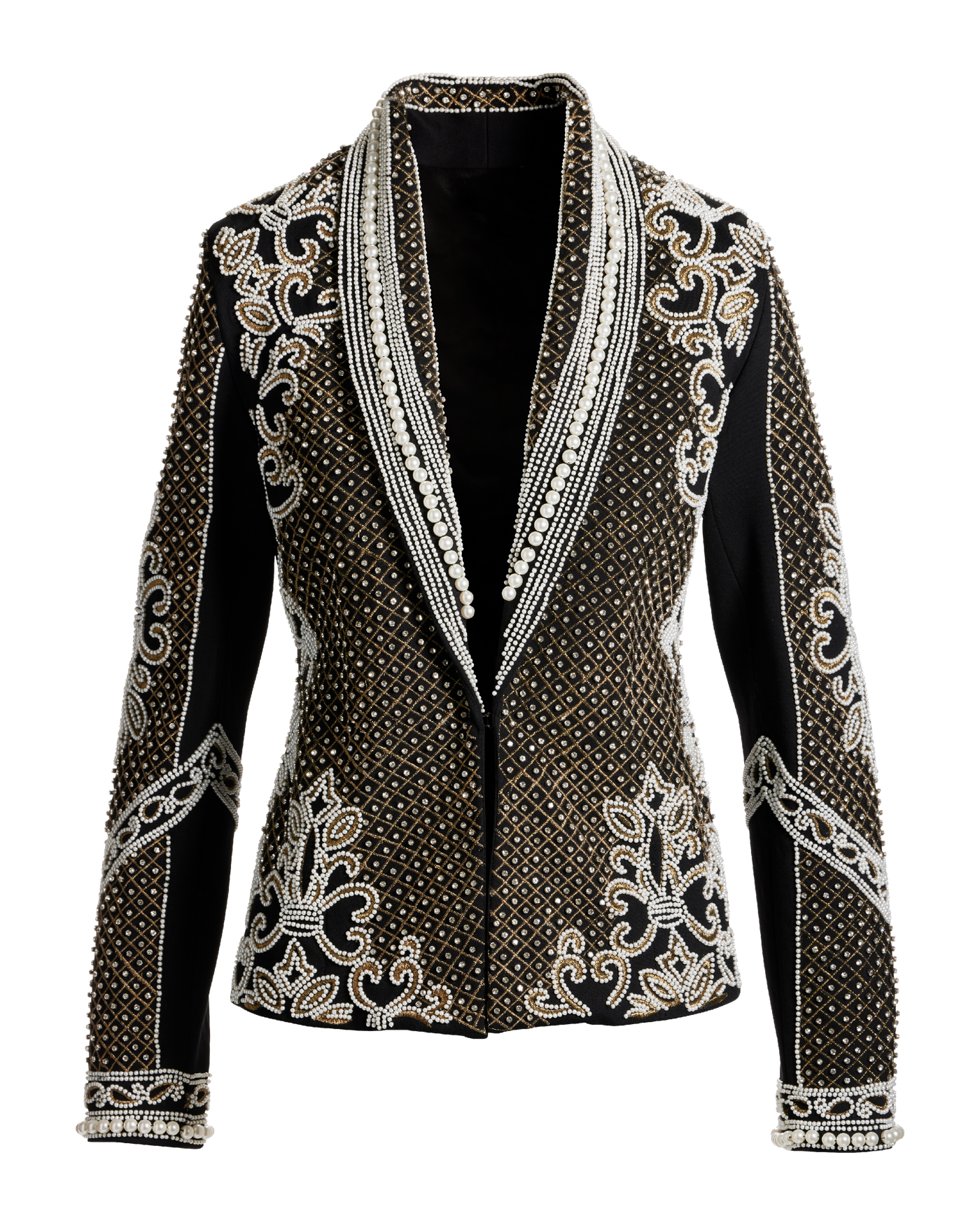 Over The Top Pearl and Rhinestone Embellished Shawl Collar Ponte