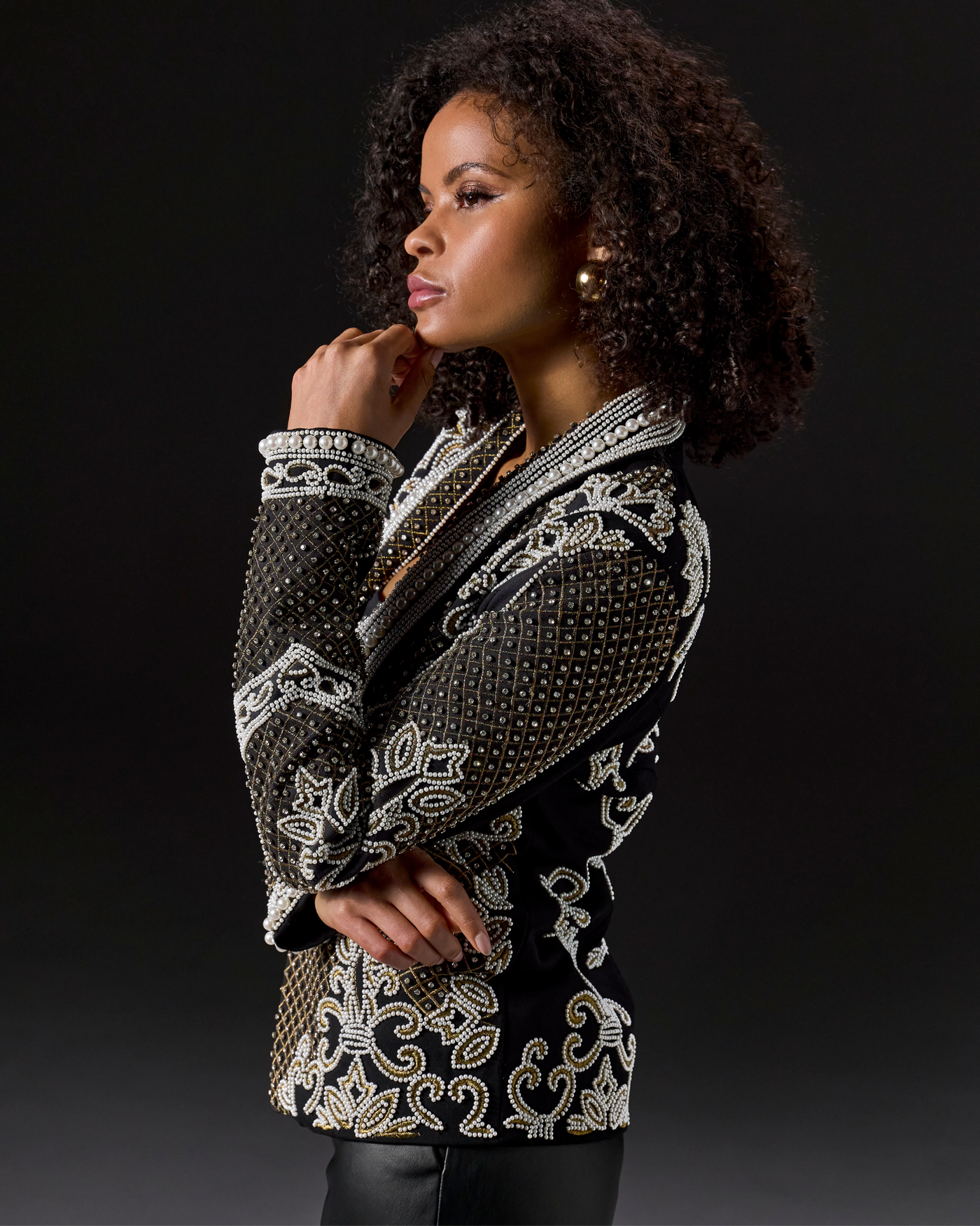 Over The Top Pearl and Rhinestone Embellished Shawl Collar Ponte