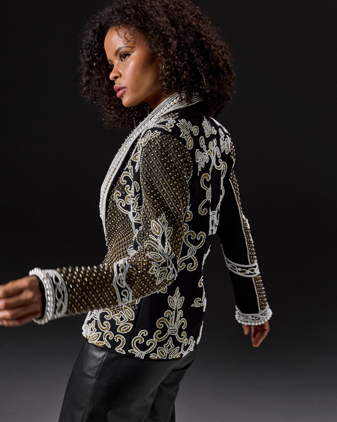 Over The Top Pearl and Rhinestone Embellished Shawl Collar