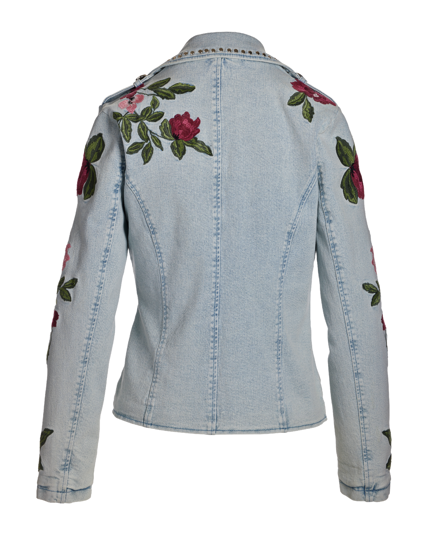 Floral Embroidered Studded Denim Moto Jacket - Light Wash | Boston