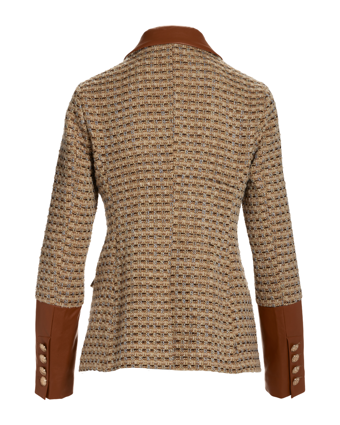 Faux Leather Trim Neutral Tweed Double Breasted Blazer Cognac Multi