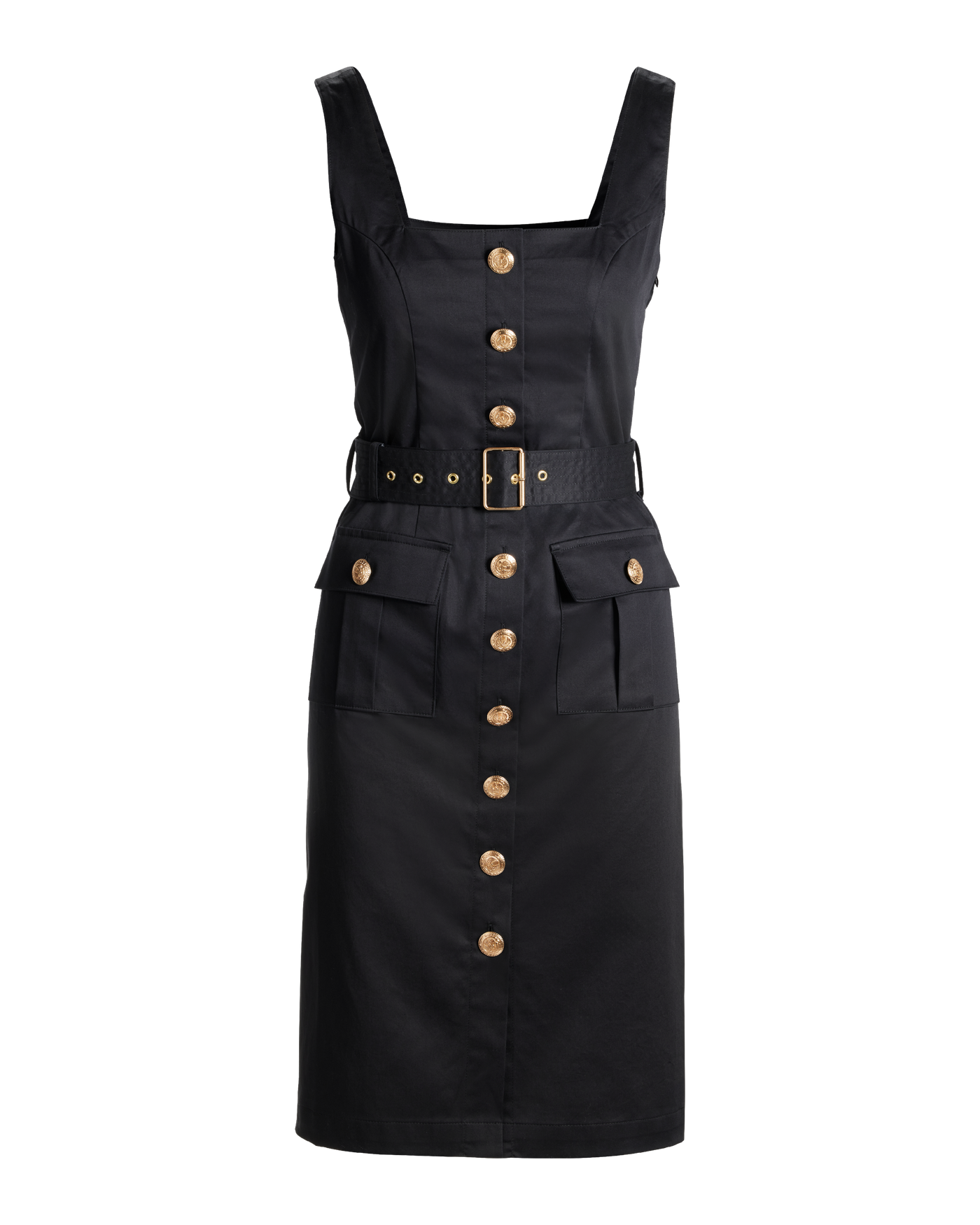 Crest Button Detail Belted Midi Sheath Dress - Black | Boston Proper