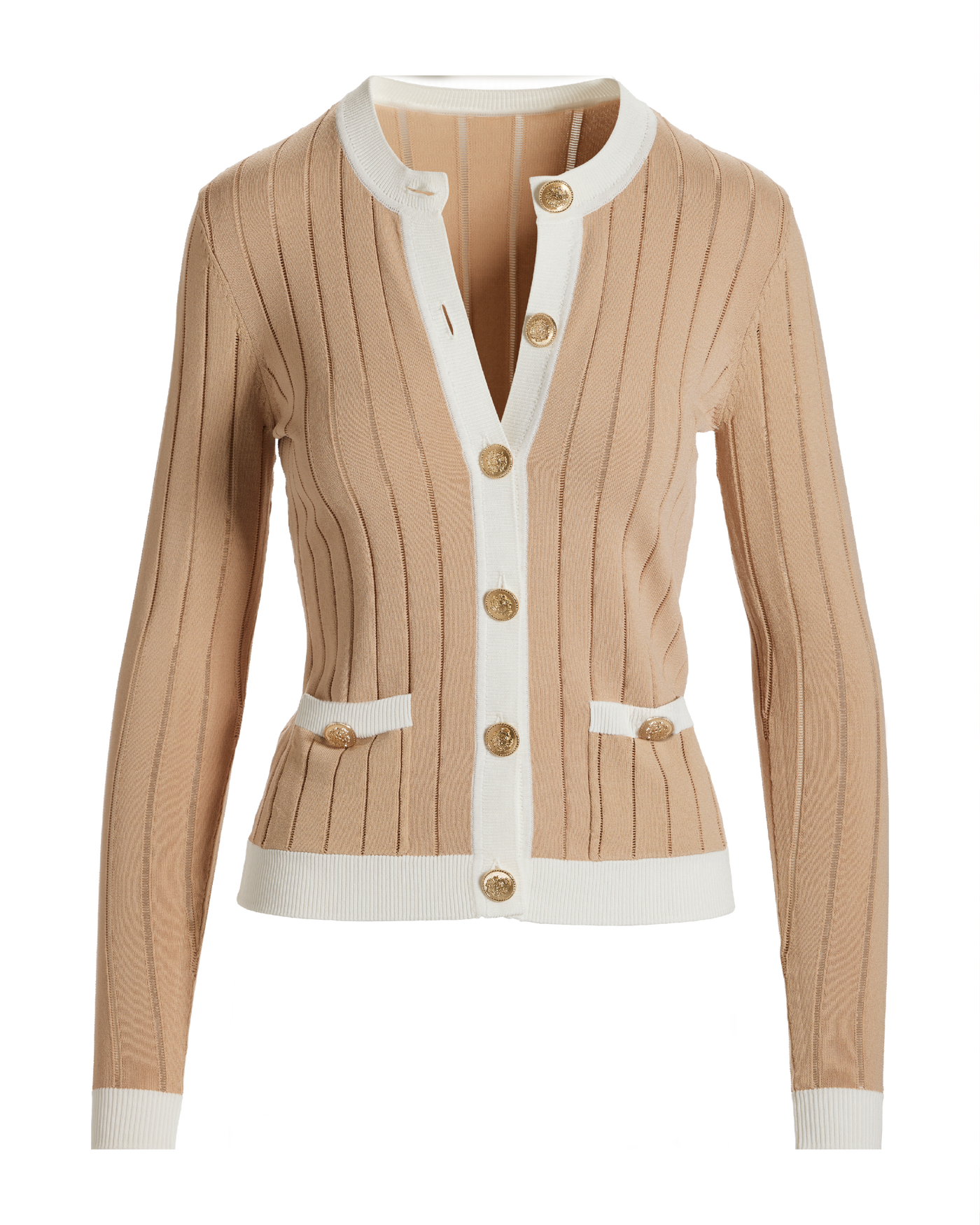 Color Block Button Up Cardigan Sweater Tan/White