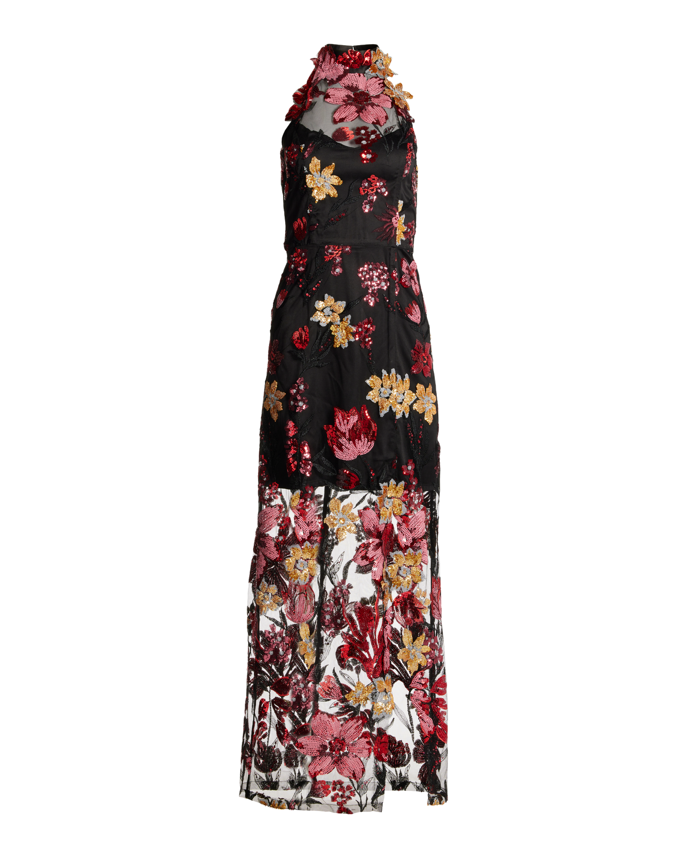 Sequin Mesh Slit Maxi Gown Black Multi