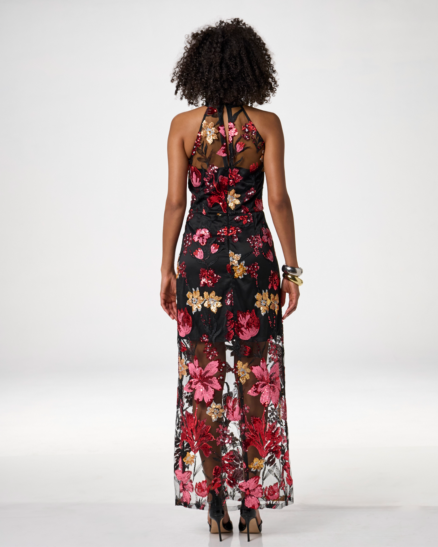Sequin Mesh Slit Maxi Gown Black Multi