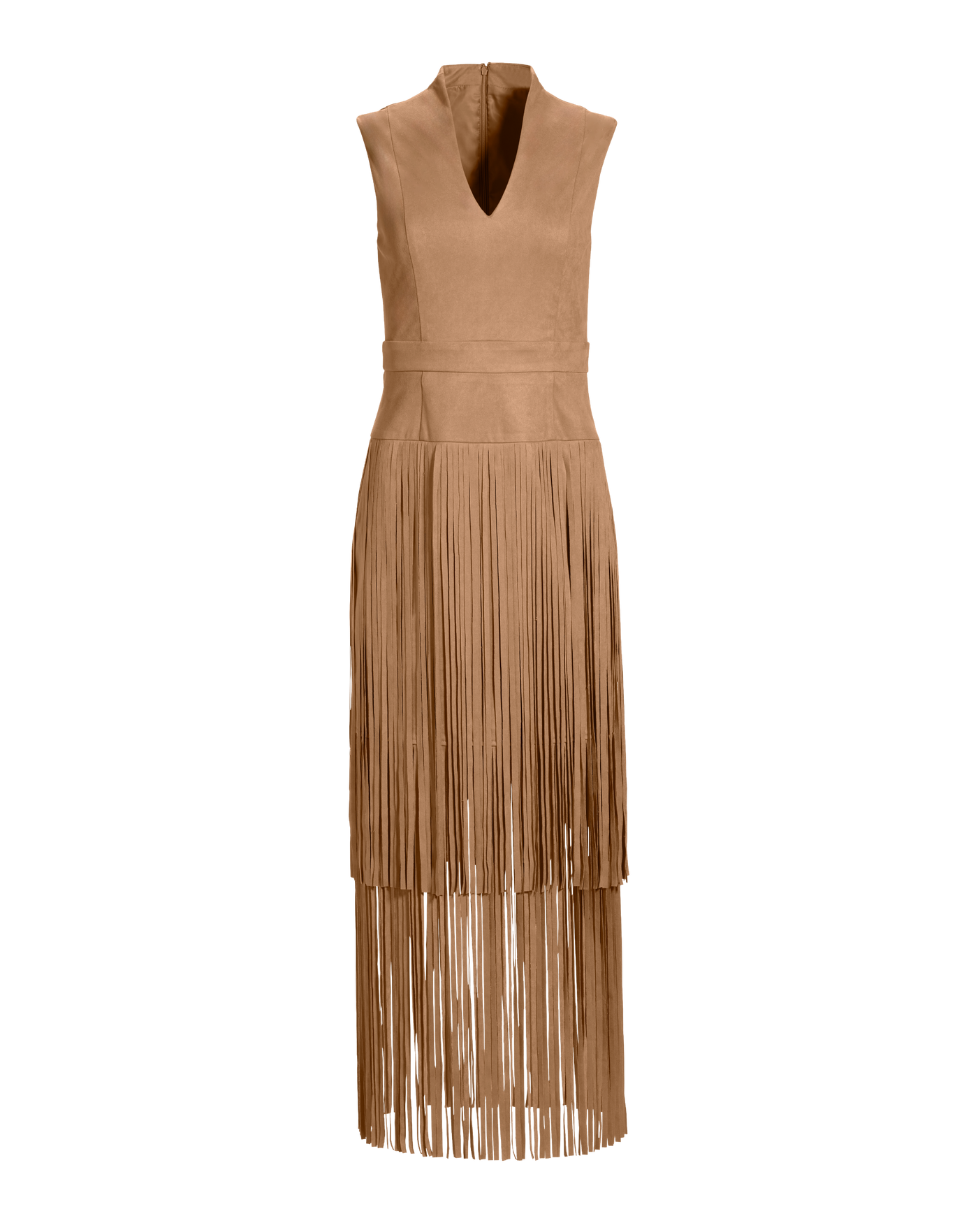 Faux Suede Tiered Fringe Midi Dress Tan