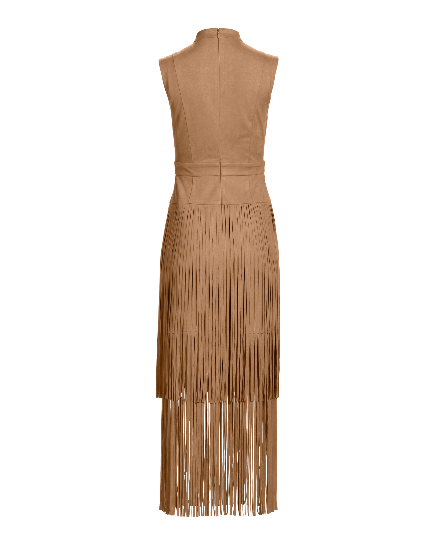 Faux Suede Tiered Fringe Midi Dress Tan