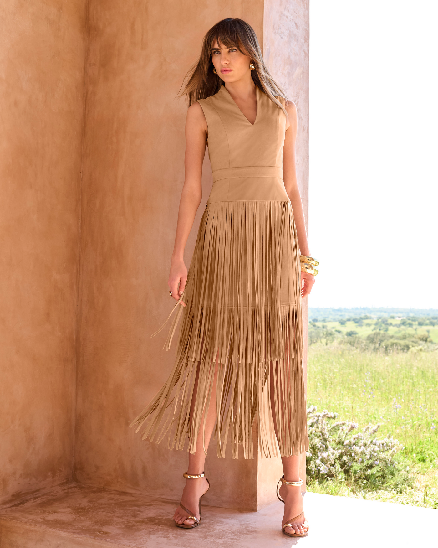 Faux Suede Tiered Fringe Midi Dress Tan