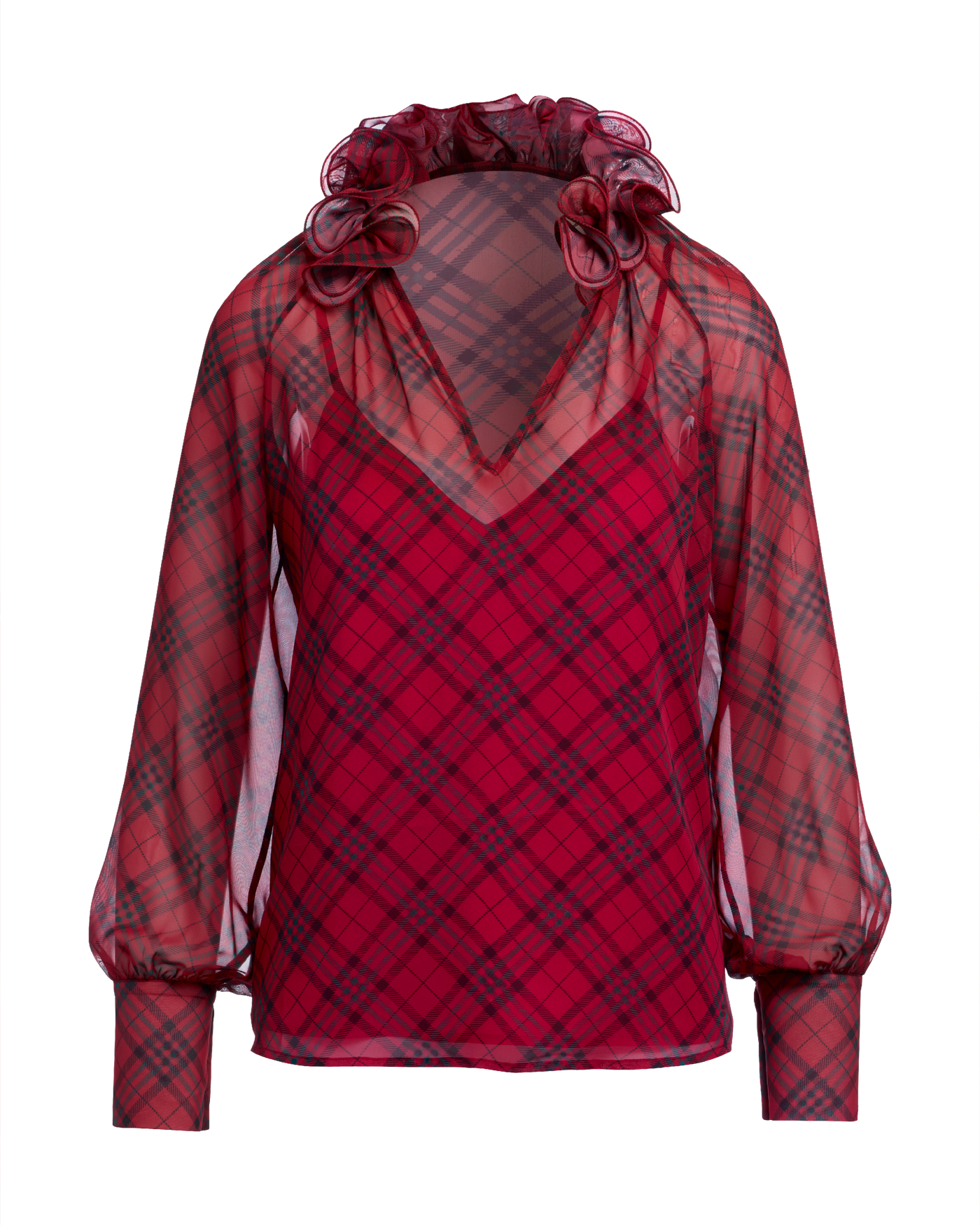 Ruffle Collar Print Blouse Festive Plaid