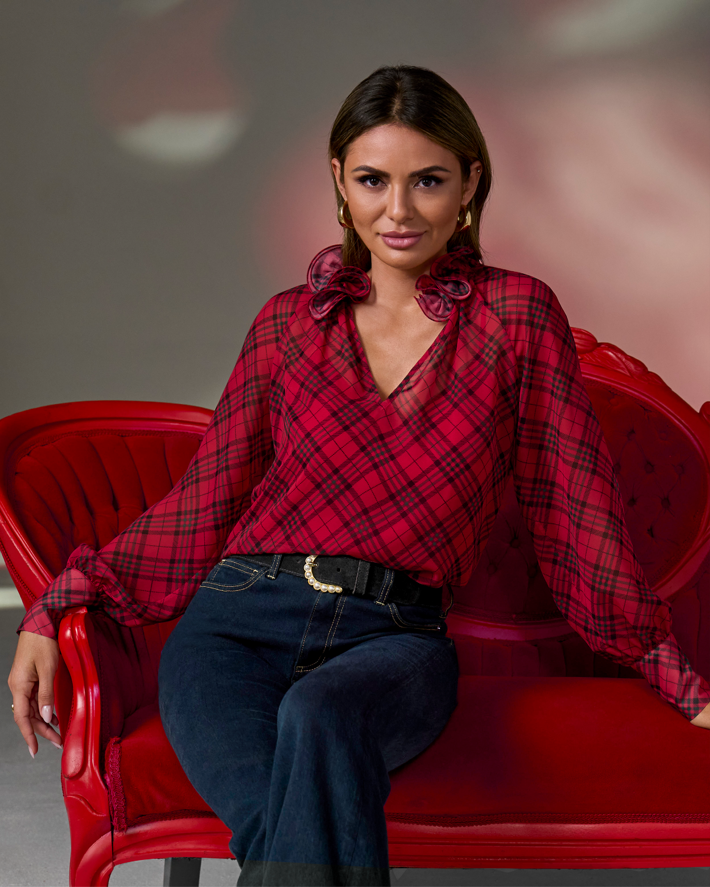 Ruffle Collar Print Blouse Festive Plaid