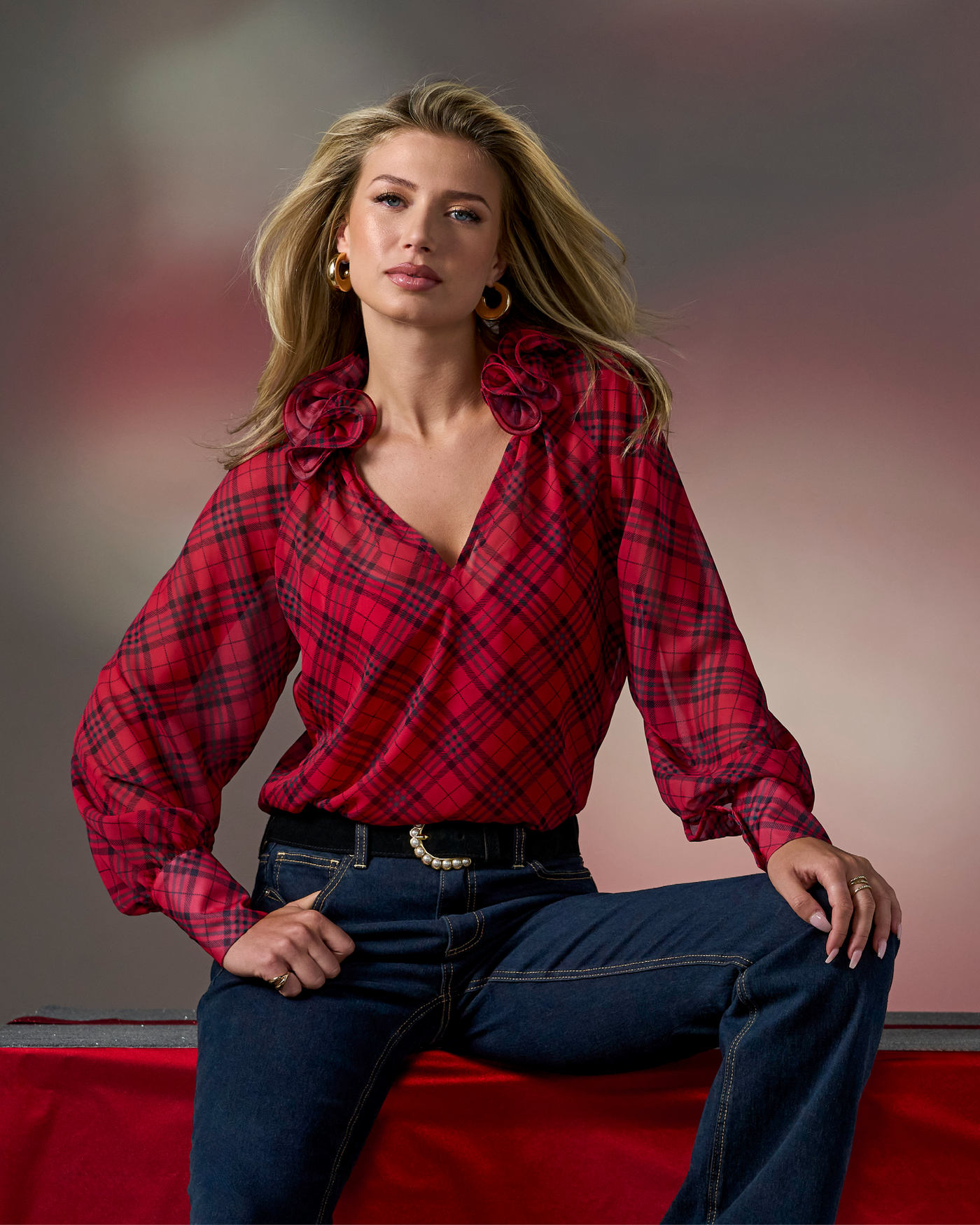 Ruffle Collar Print Blouse Festive Plaid