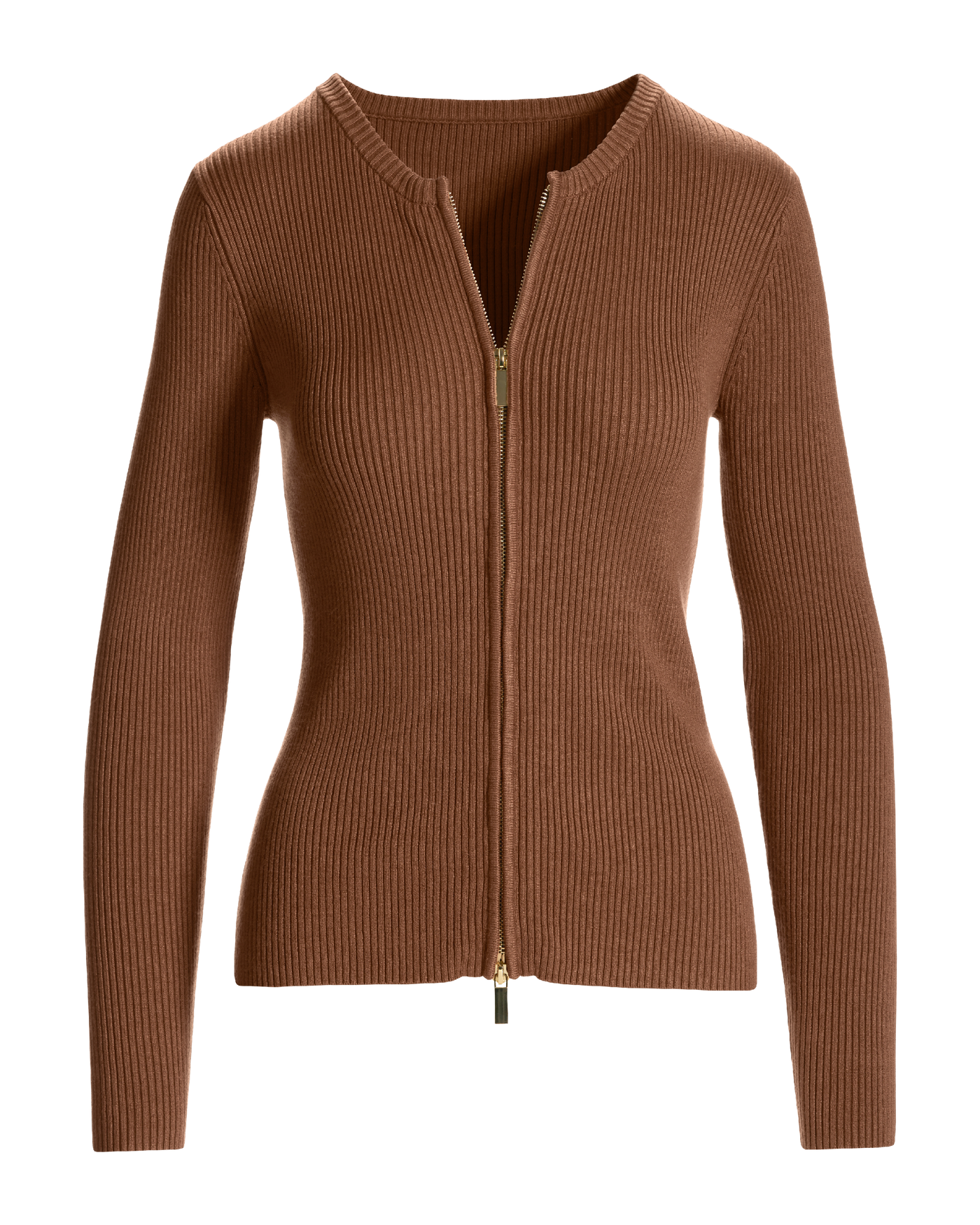 Ribbed Collarless Full Zip Cardigan Toffee