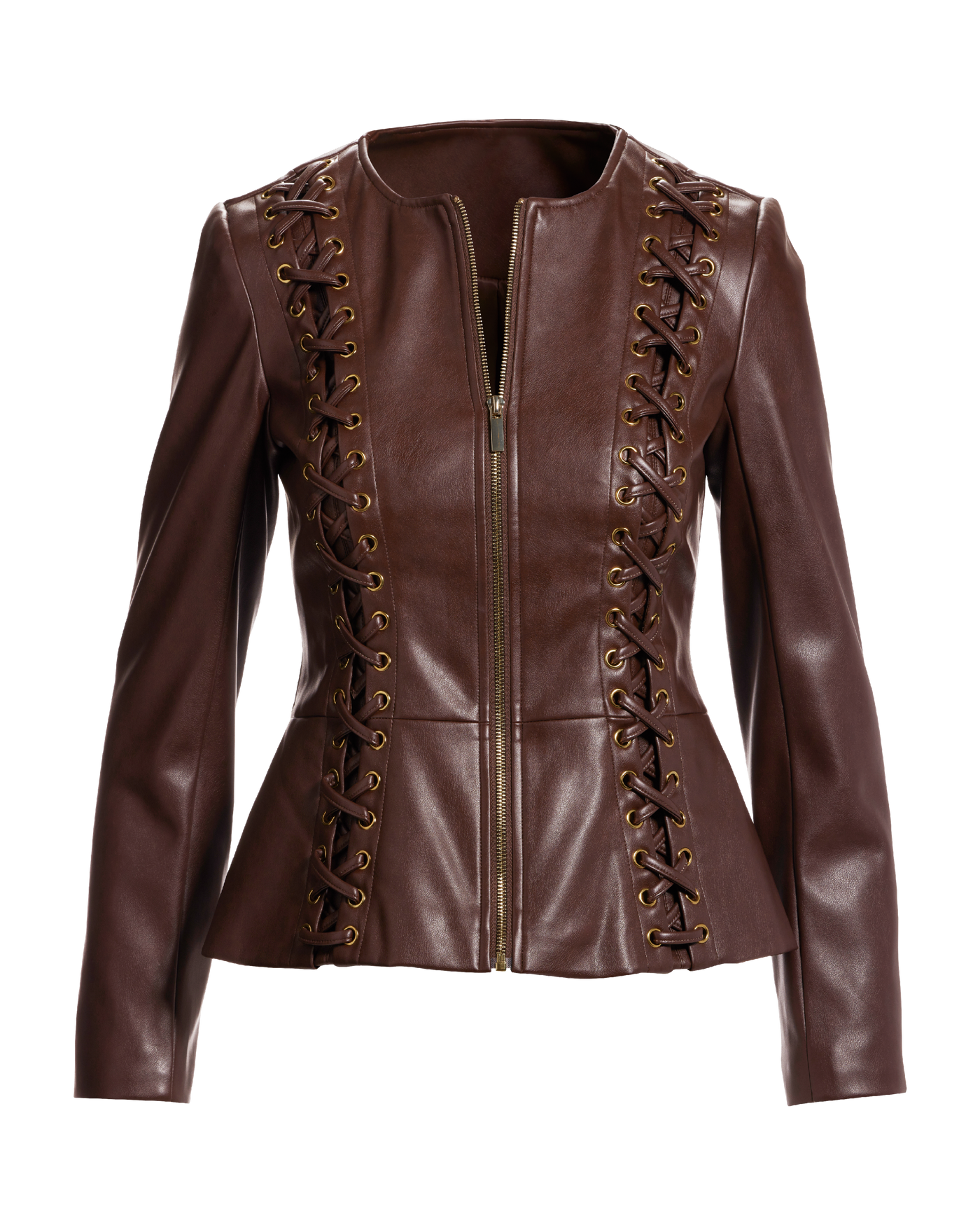 Faux Leather Lace Up Grommet Collarless Peplum Jacket Chocolate