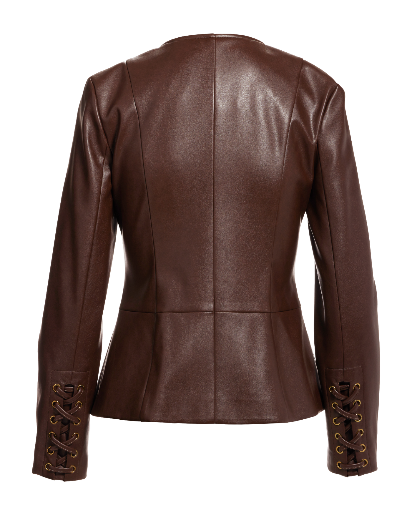Faux Leather Lace Up Grommet Collarless Peplum Jacket Chocolate