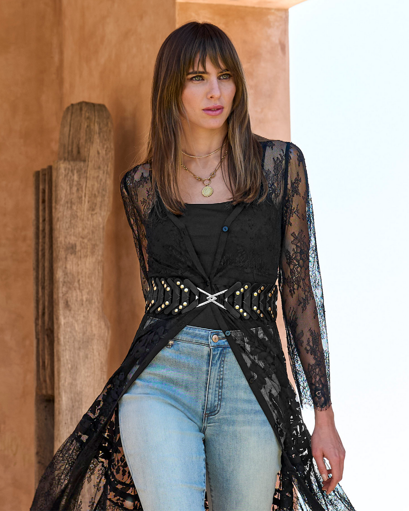 Studded Accordion Waist Belt - Black | Boston Proper display picture 1
