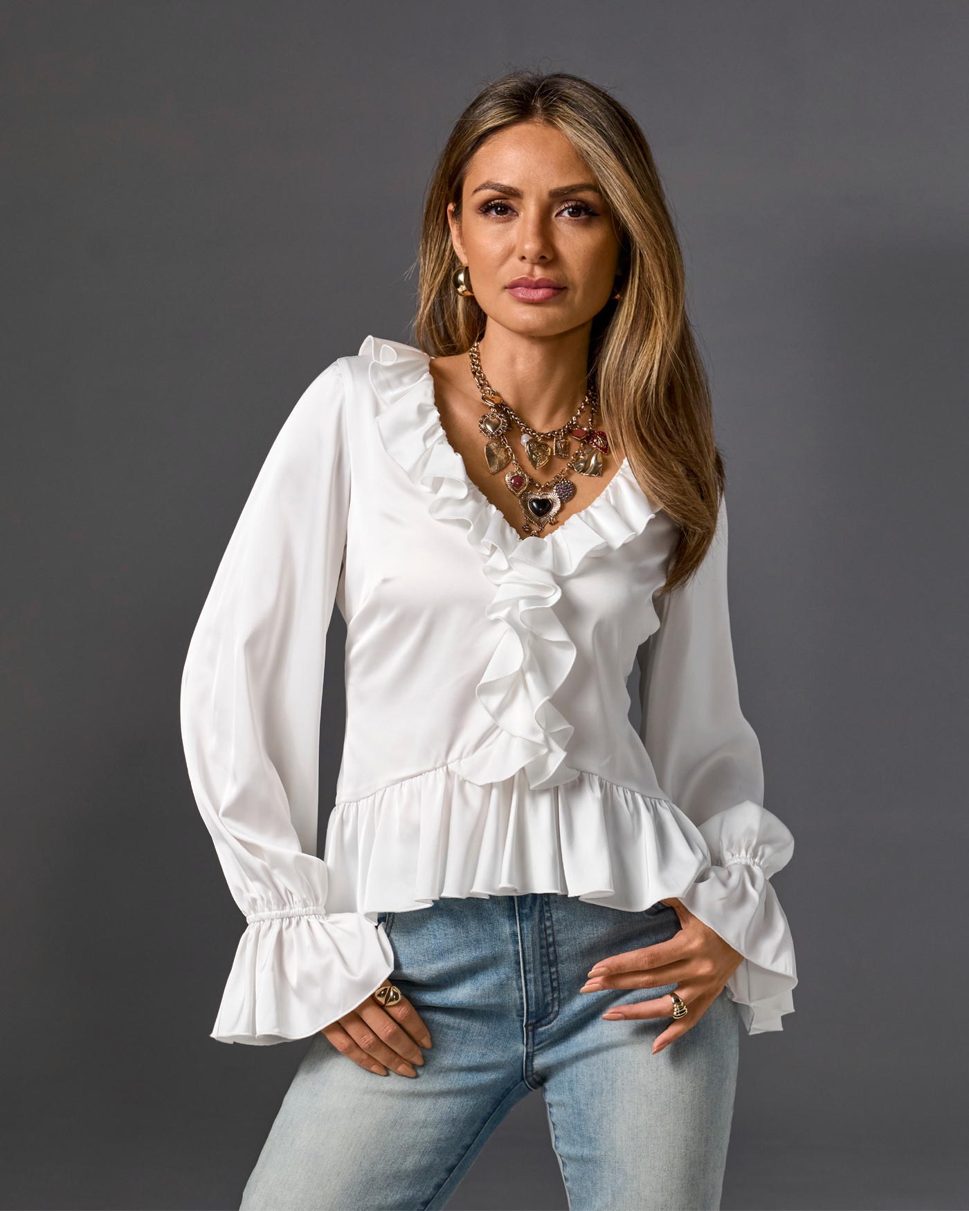 Paige Ruffle Charmeuse Blouse Off White