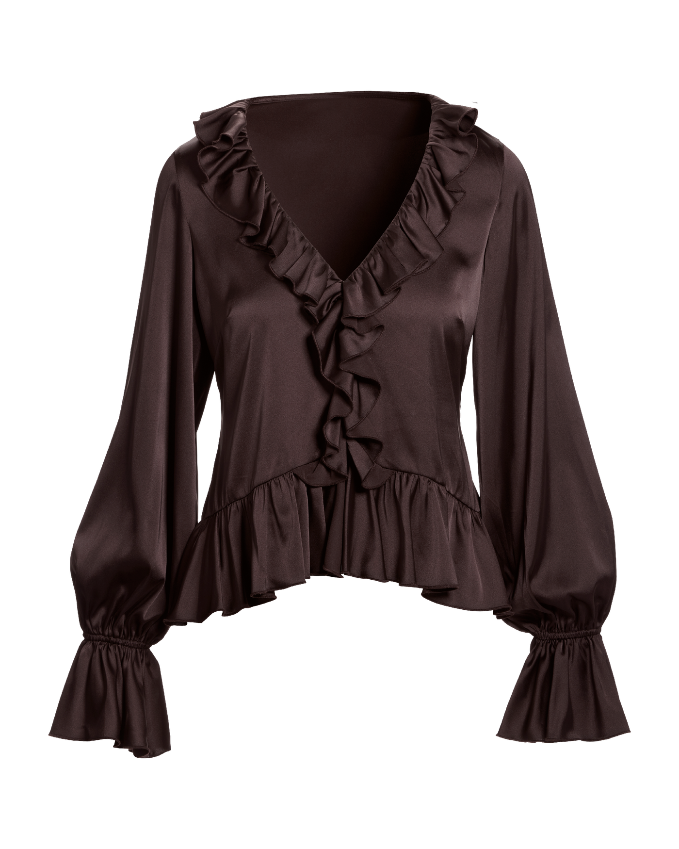 Paige Ruffle Charmeuse Blouse Chocolate Torte