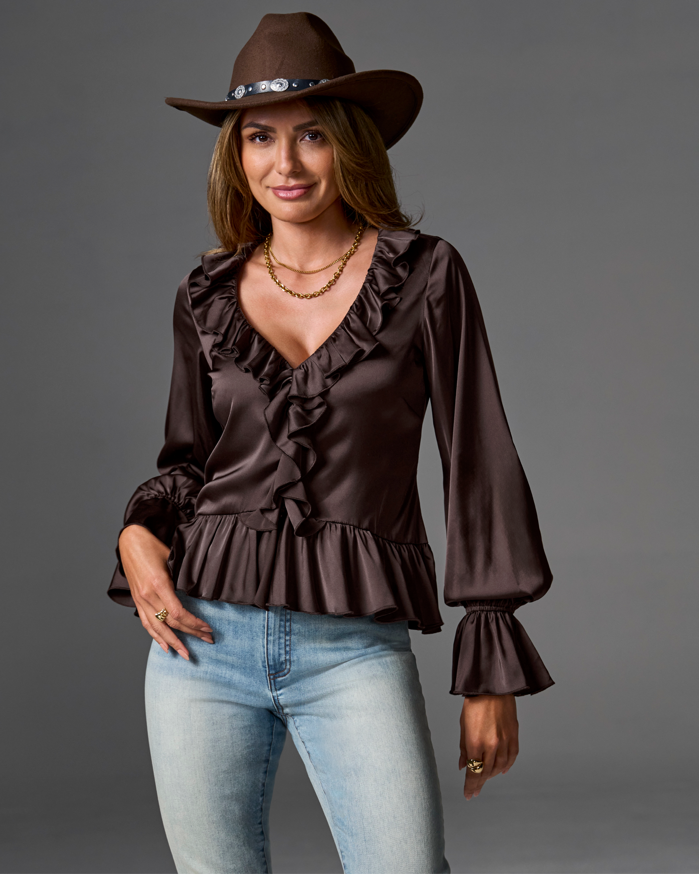 Paige Ruffle Charmeuse Blouse Chocolate Torte