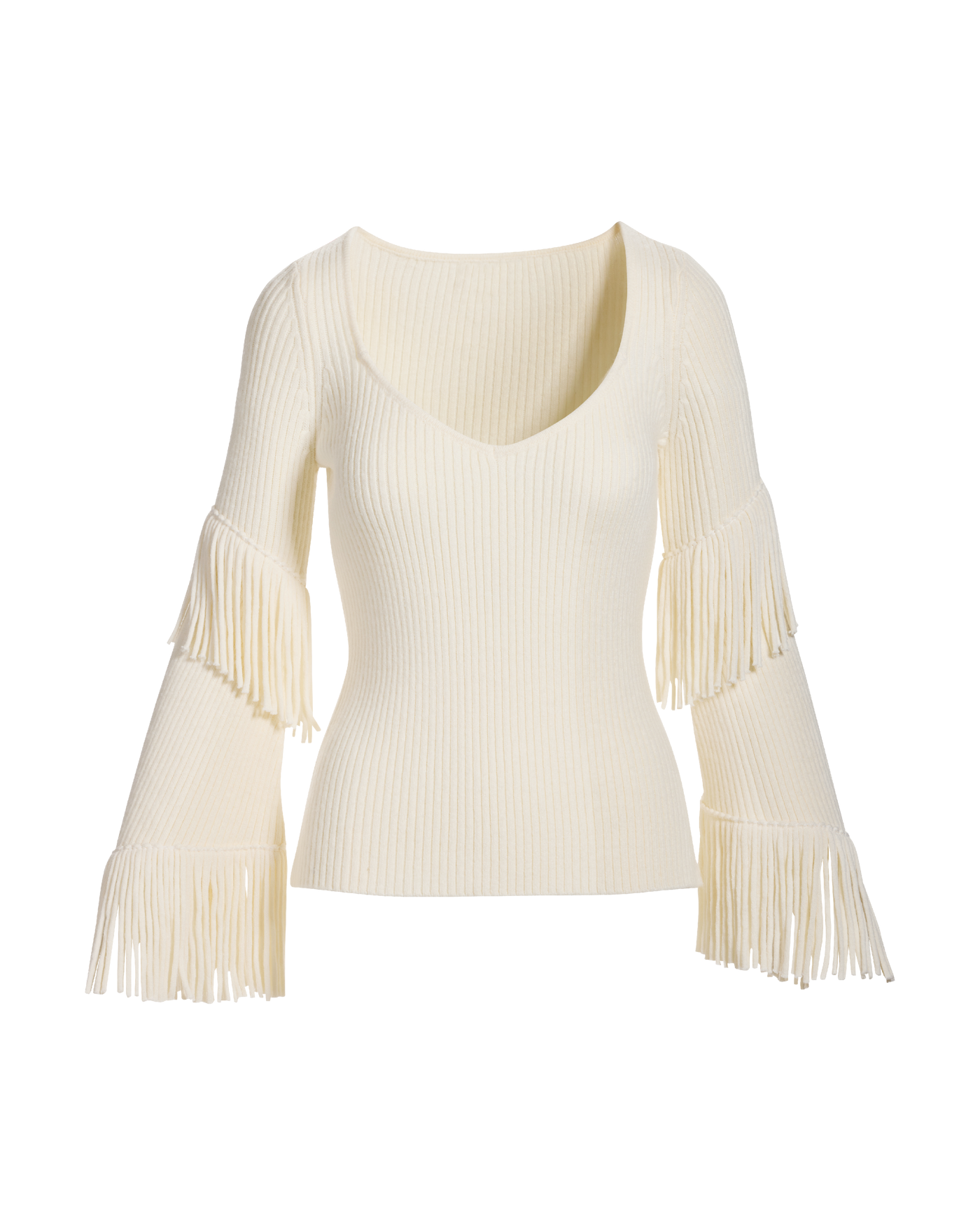 Fringe Sleeve Ribbed Sweater Off White