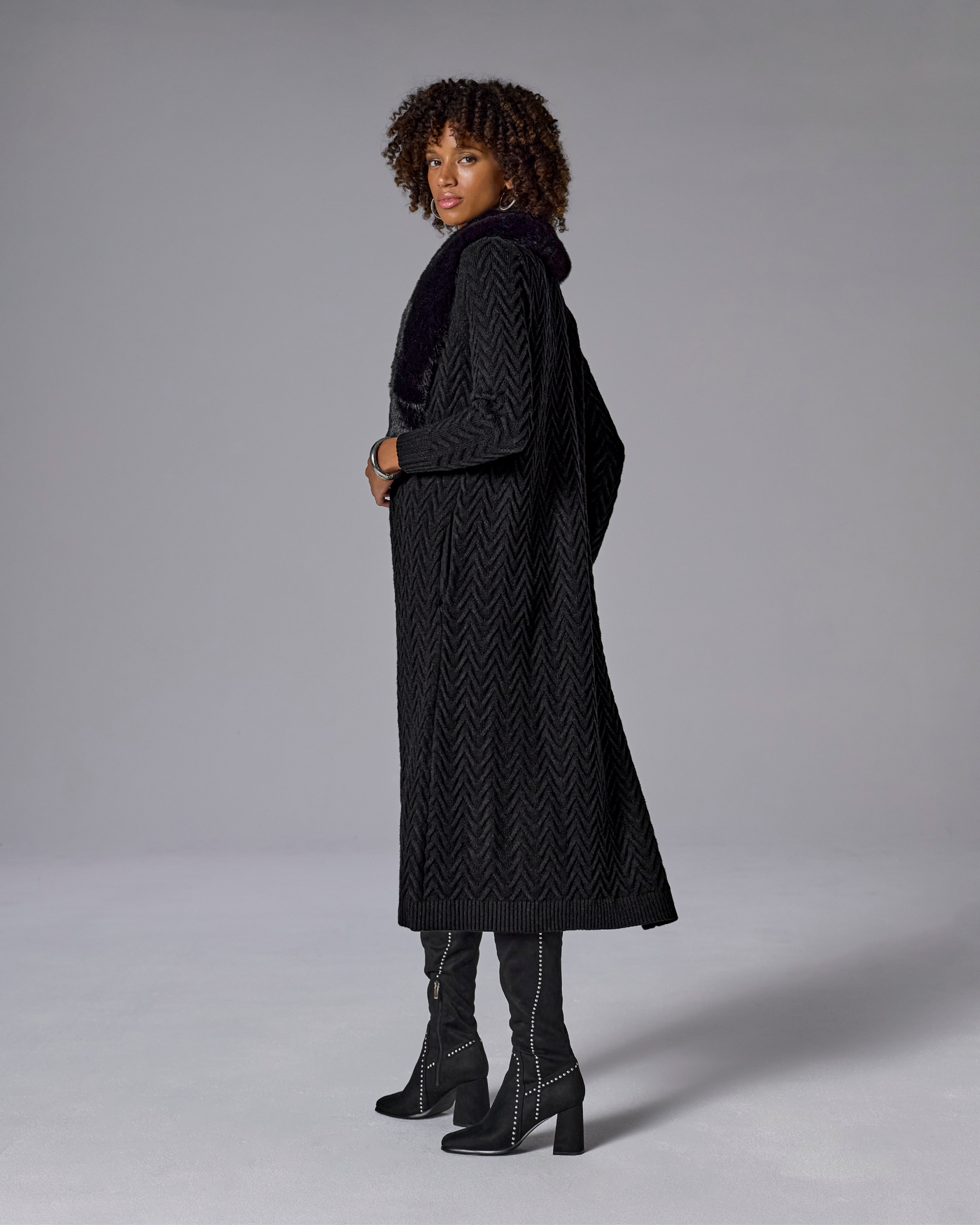 Faux Fur Trim Sweater Duster Proper Black | Boston Proper