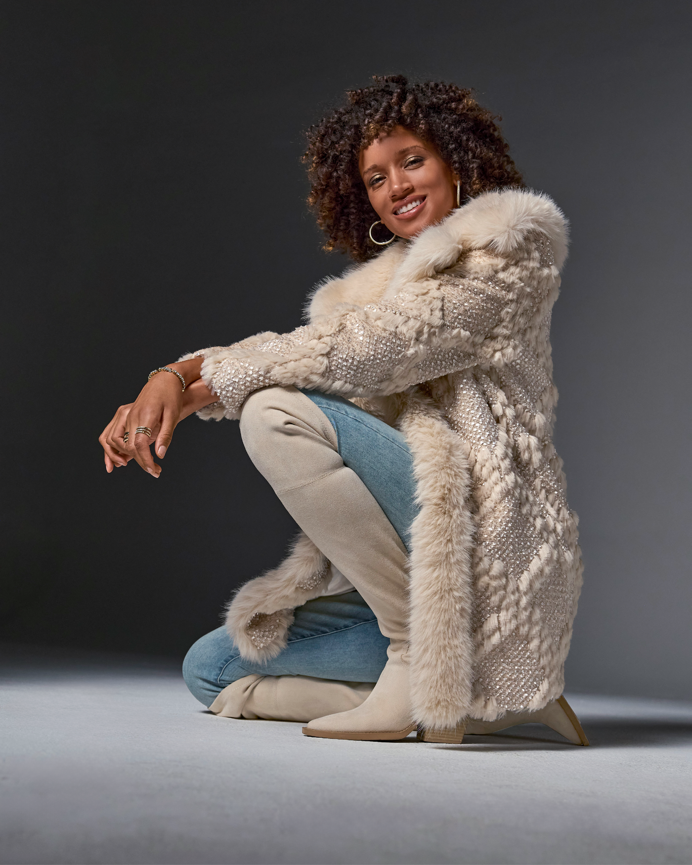 Novelty Shimmer Faux Fur Coat - Cream | Boston Proper