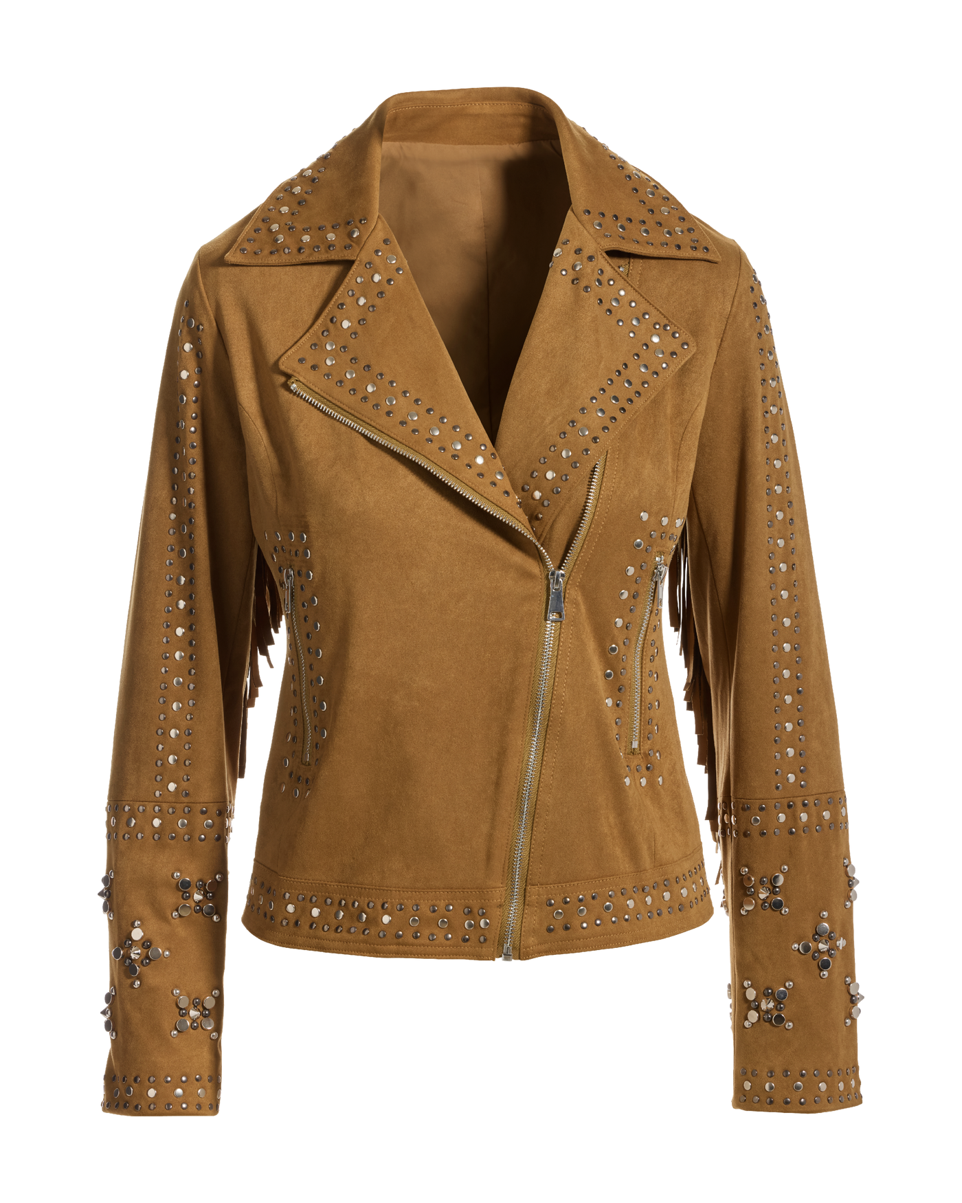 Studded Faux Suede Fringe Moto Jacket Camel