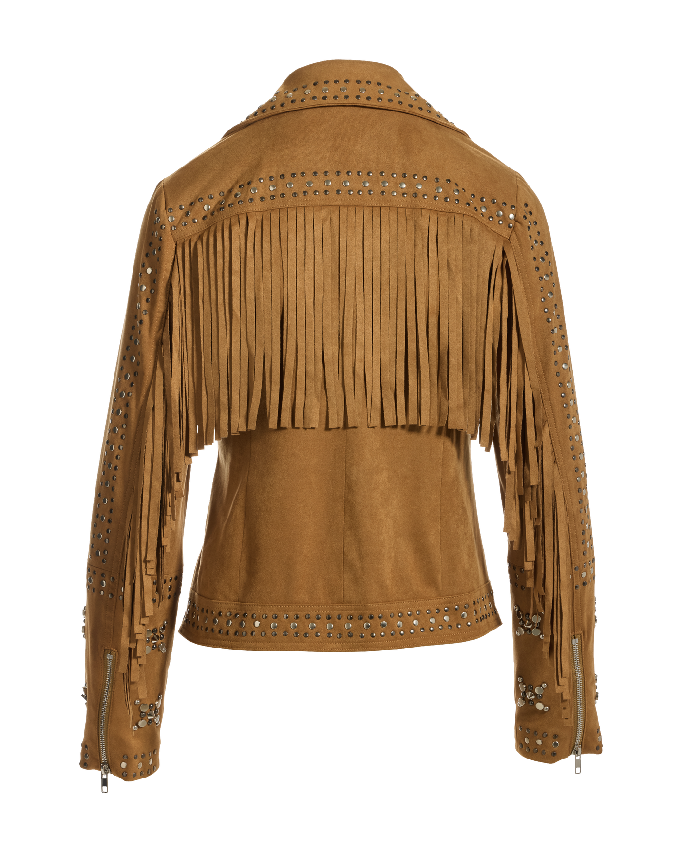 Studded Faux Suede Fringe Moto Jacket Camel