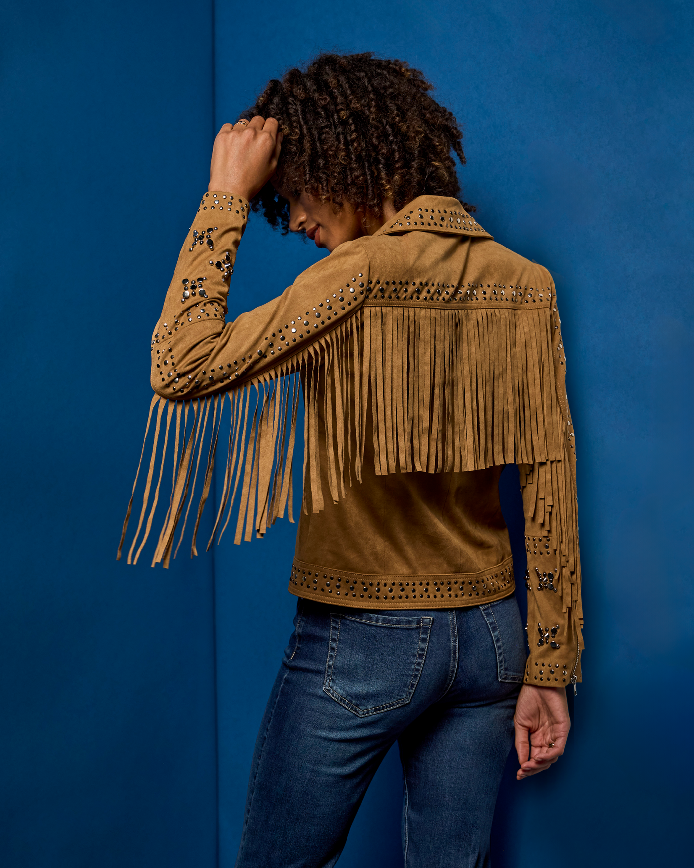 Studded Faux Suede Fringe Moto Jacket Camel