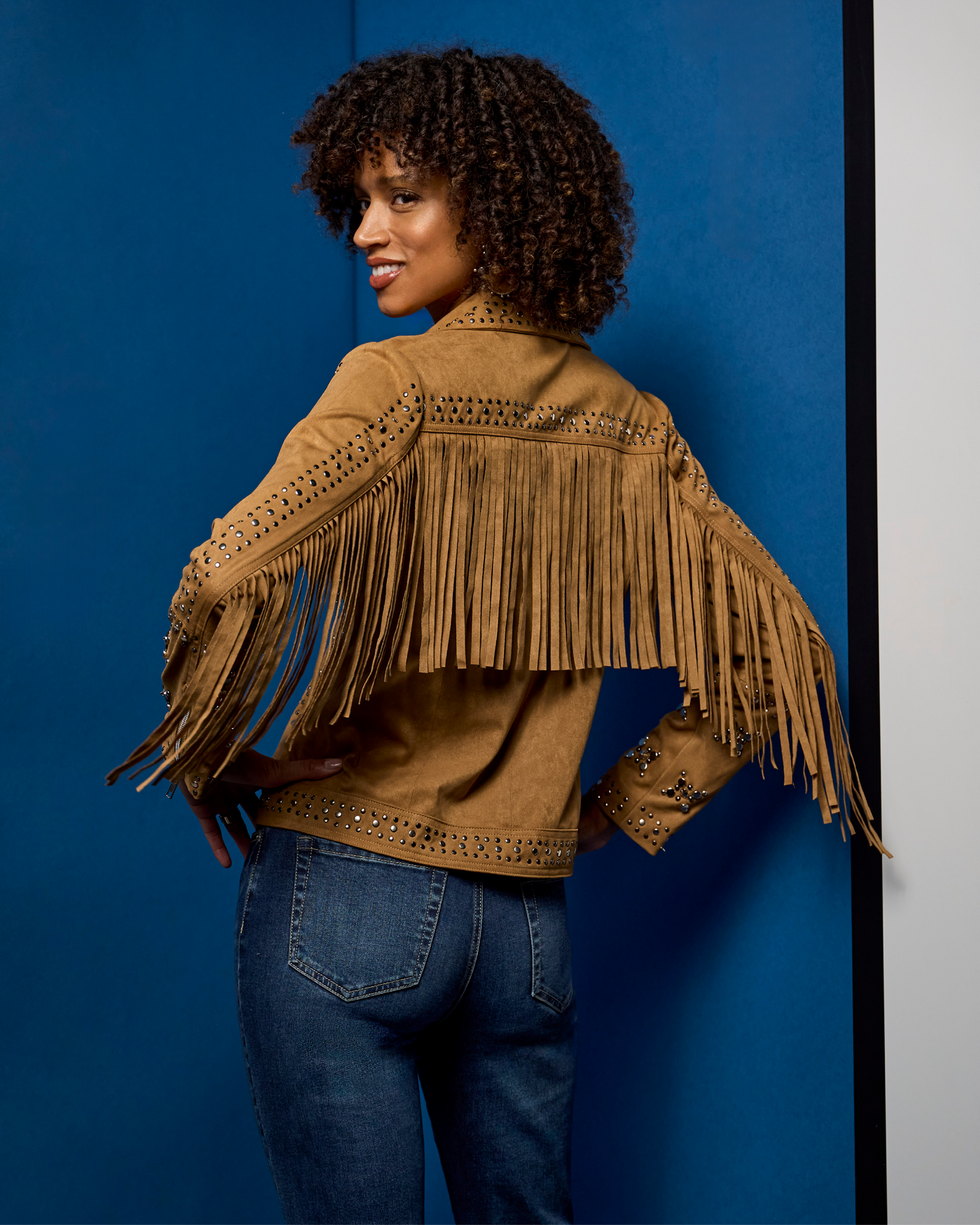 Studded Faux Suede Fringe Moto Jacket Camel