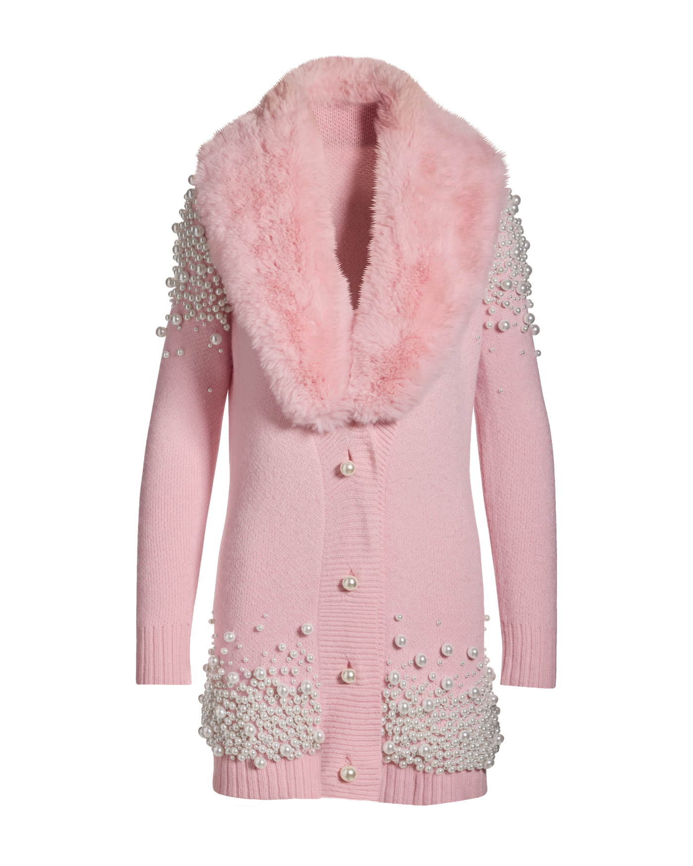 Faux Fur Collar Pearl Embellished Cardigan Sweater Soft Pink