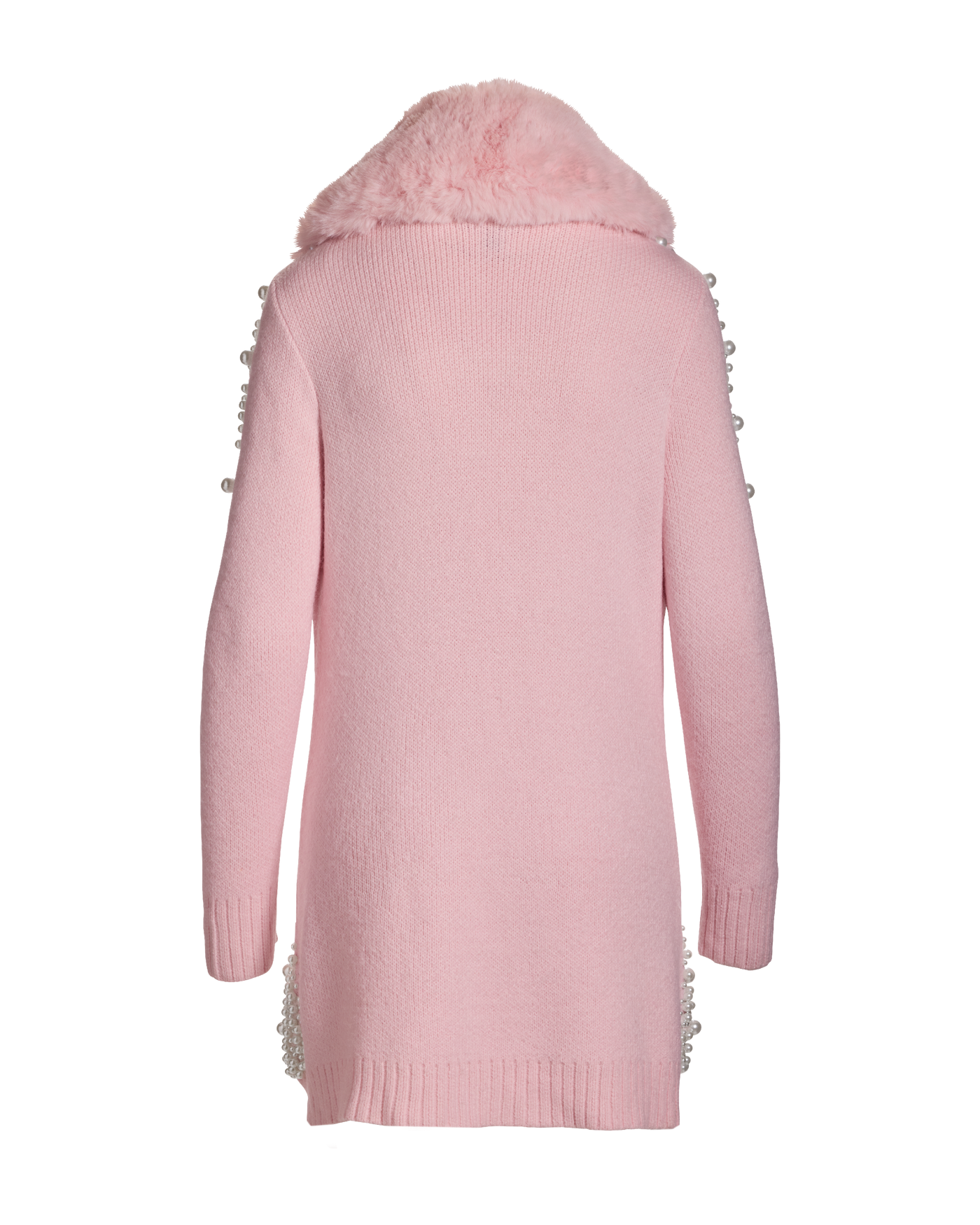 Faux Fur Collar Pearl Embellished Cardigan Sweater Soft Pink