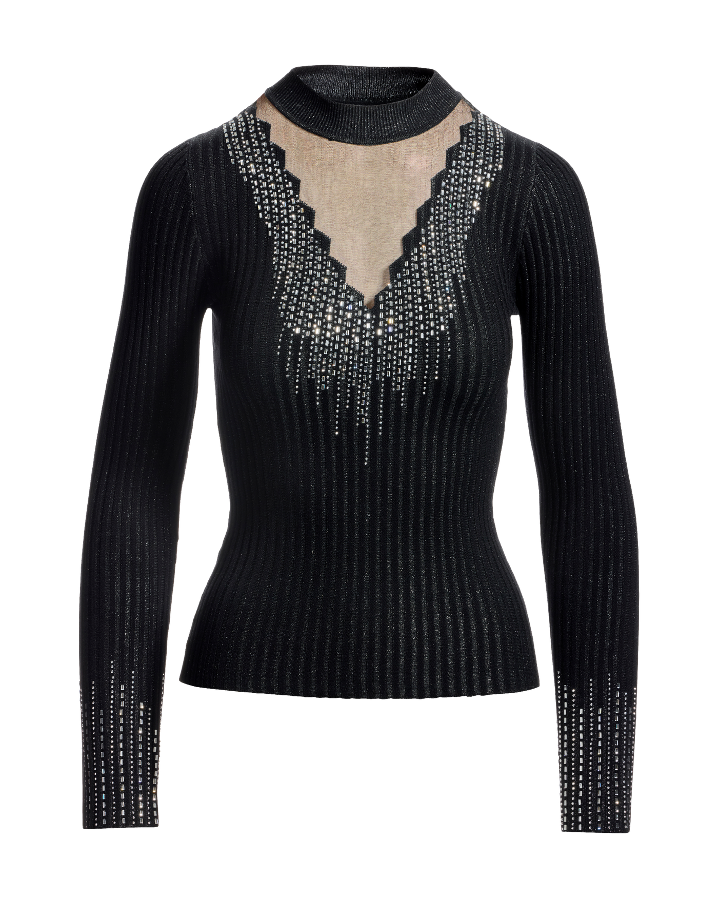 Rhinestone Embellished Mesh Illusion Sweater Proper Black