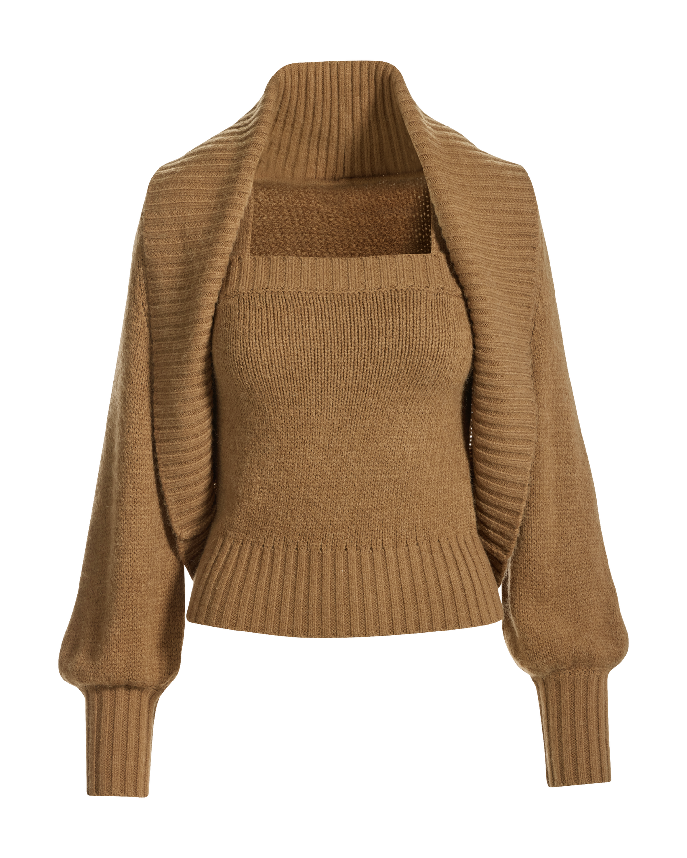 Cardigan and Square Neck Tank Sweater Set Suntan