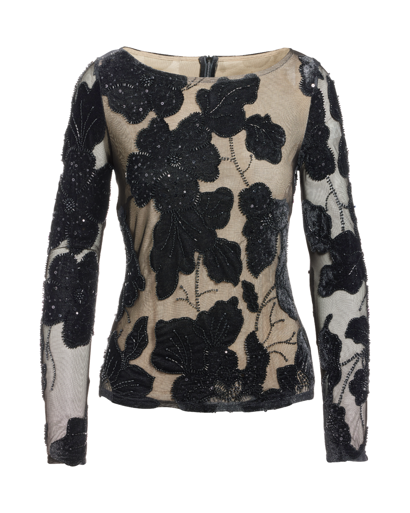 Flower Applique Mesh Long Sleeve Knit Top Proper Black