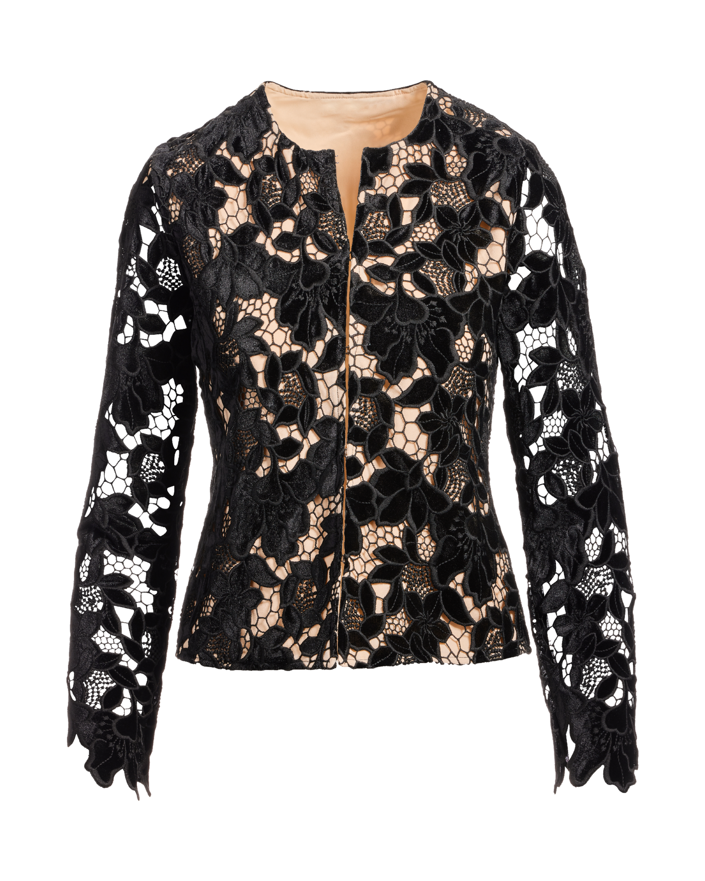 Floral Velvet Collarless Lady Jacket Black