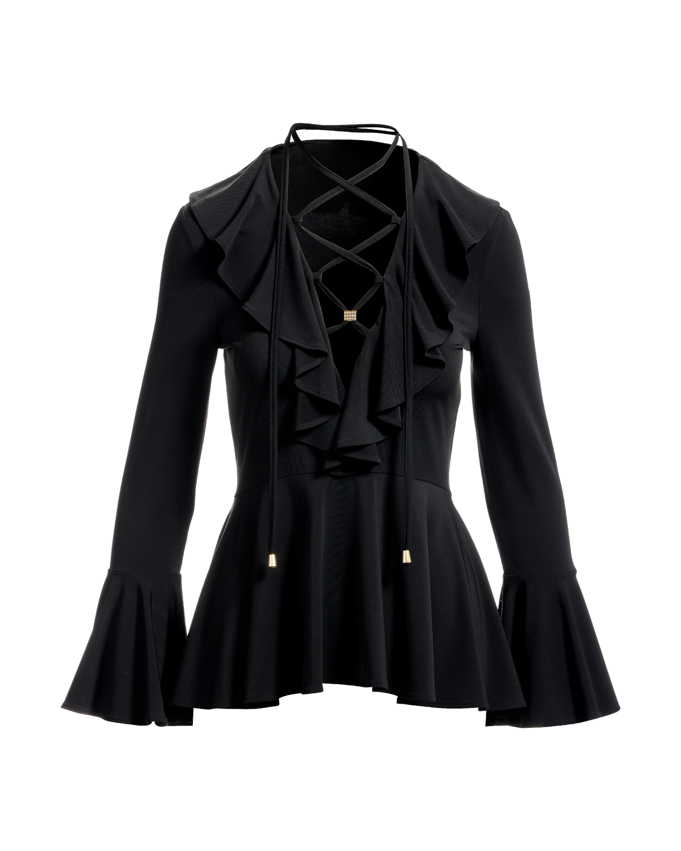 Ruffle Lace Up V Neck Knit Top Proper Black
